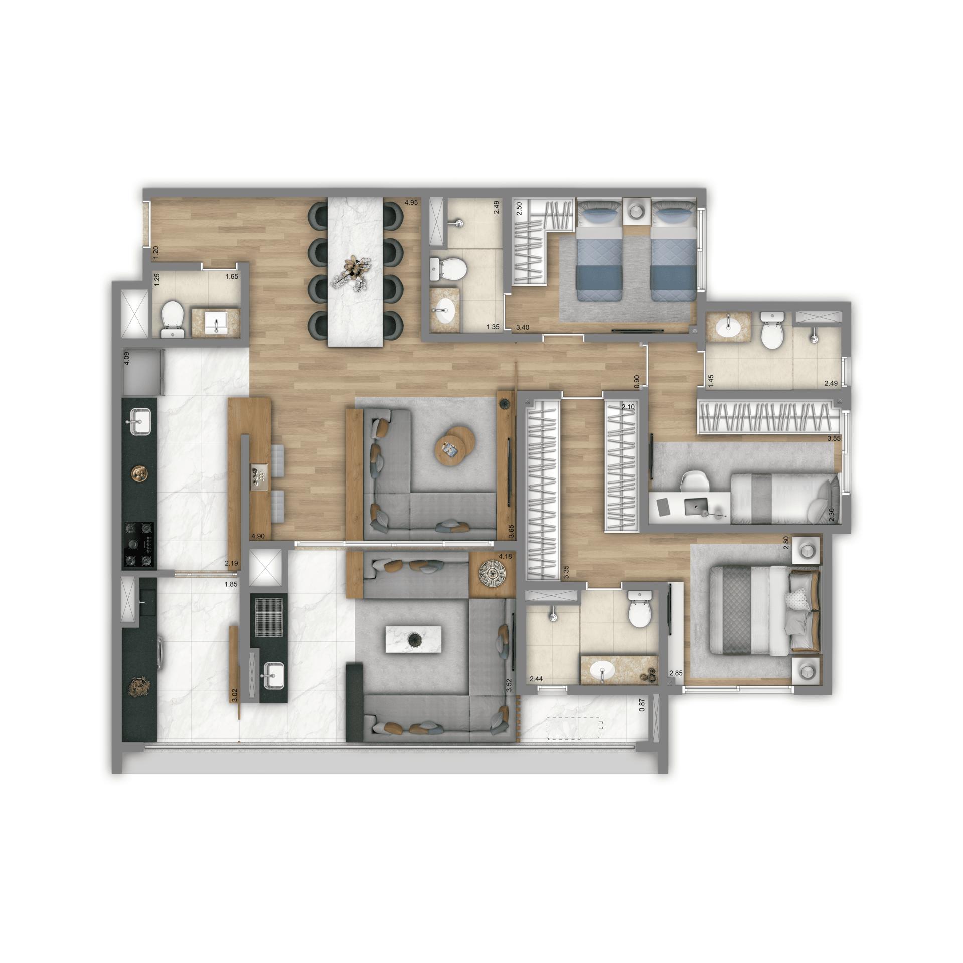 Planta Tipo Sala Ampliada 125m² | 3 suítes 