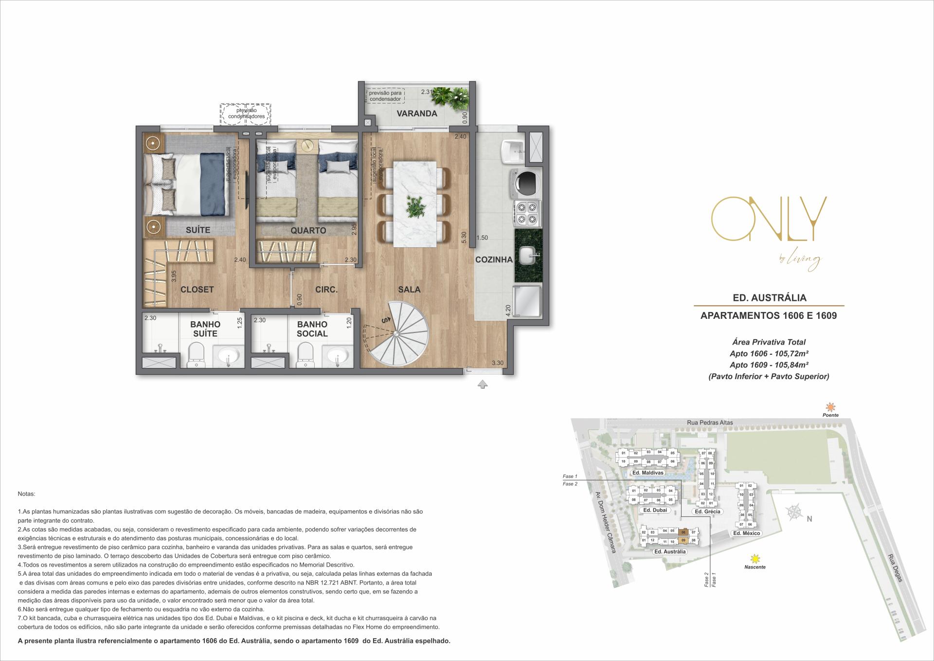 Cobertura Duplex 2 Quartos - Pav. Inferior - Área privativa total: 105,72m² até 105,84m²