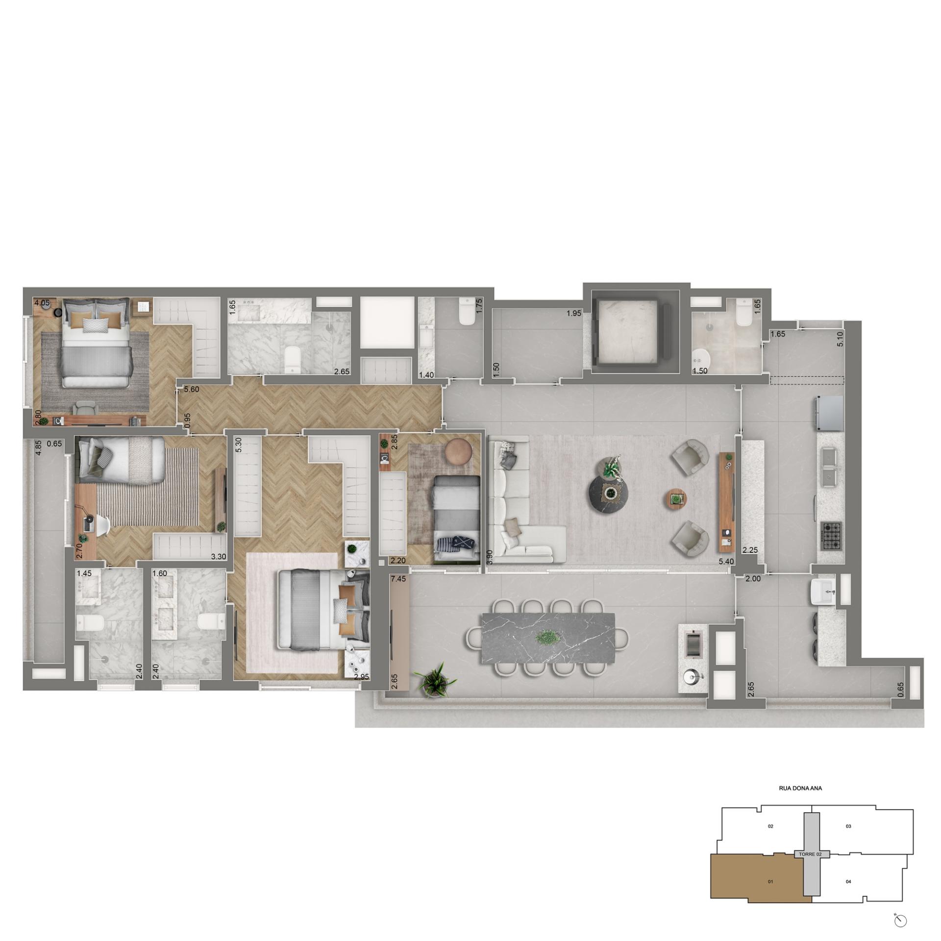 Planta Padrão 4 Dormitórios | 155m²