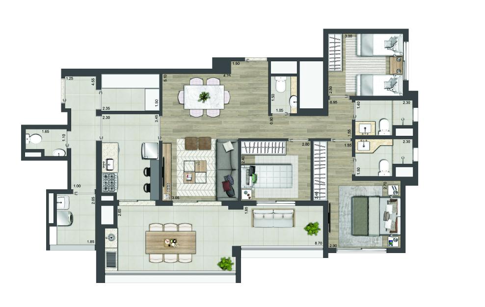 Planta-tipo 115 m² I 03 Dorms. (01 Suíte)