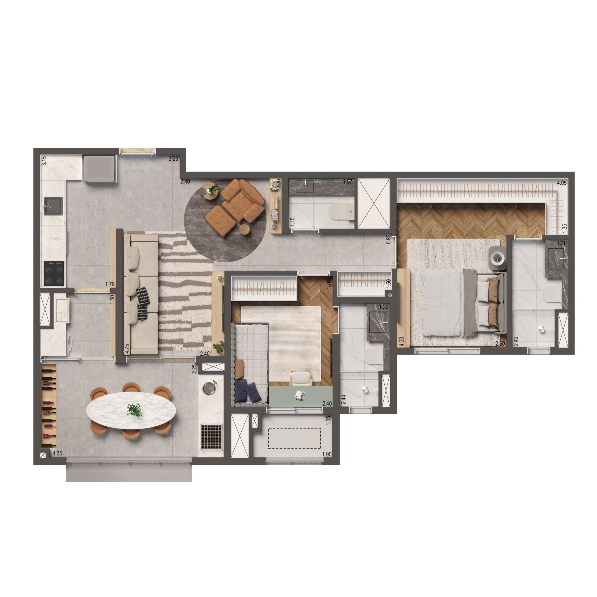 Planta Padrão 74m² | 2 suítes