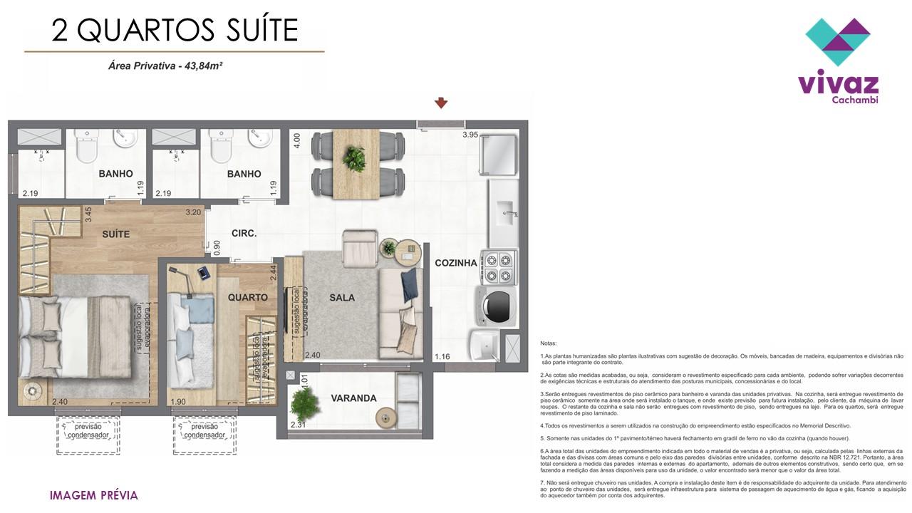 Área privativa - 43,84m² - 2 quartos