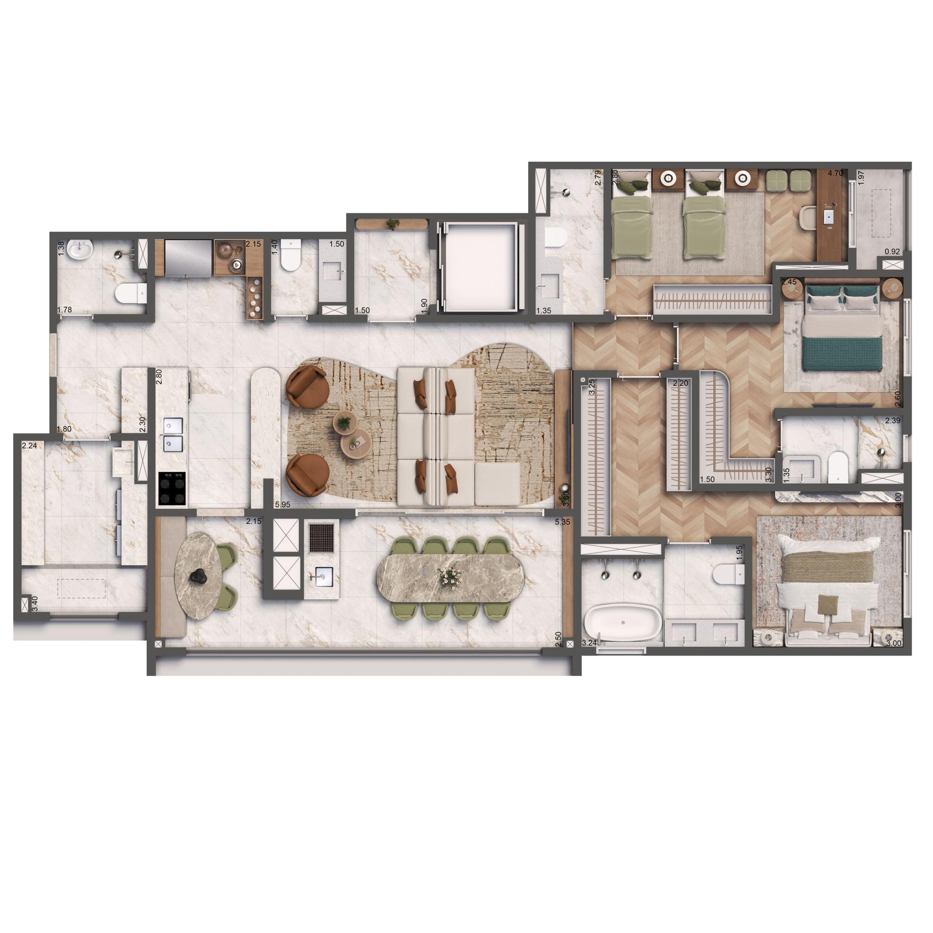 Planta Padrão 149m² | 3 suítes | Cozinha Integrada e Despensa | 2 vagas