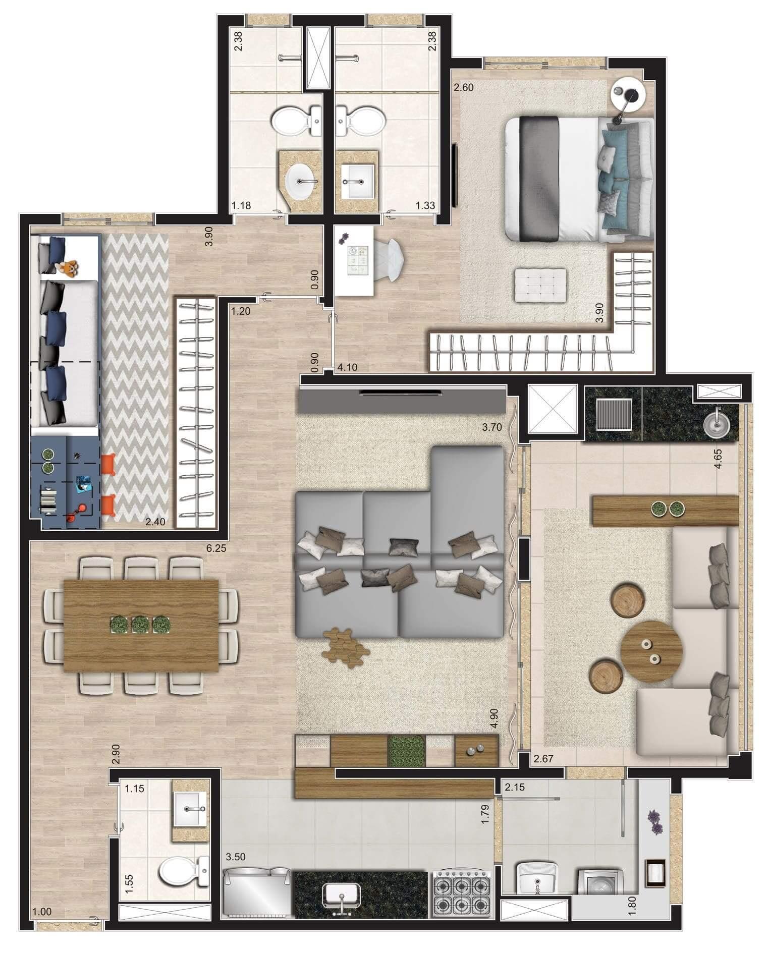 Planta Opção 93 m² | 2 suítes