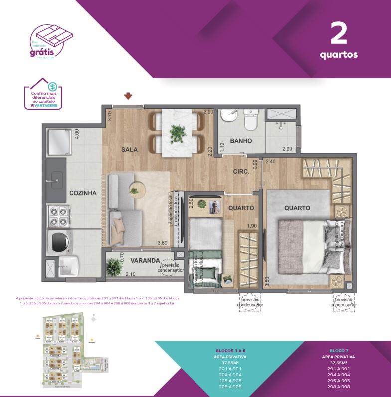 Planta Vivaz Connection Zona Norte - 2 quartos 37,55m²