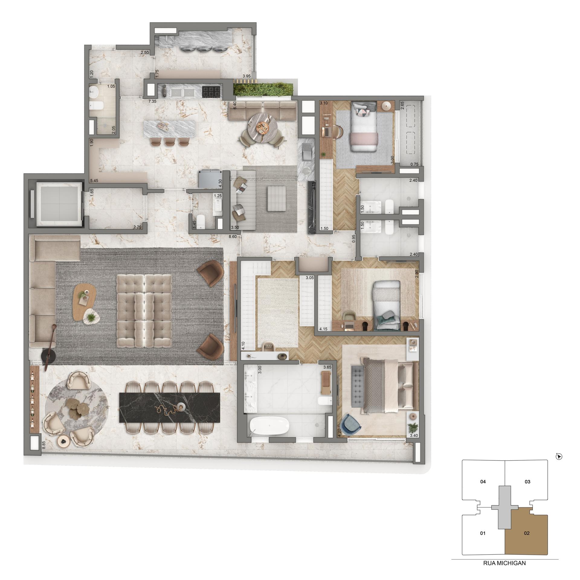 Planta Opção | 251m² | 3 Suítes + Sala Íntima + Sala de almoço 