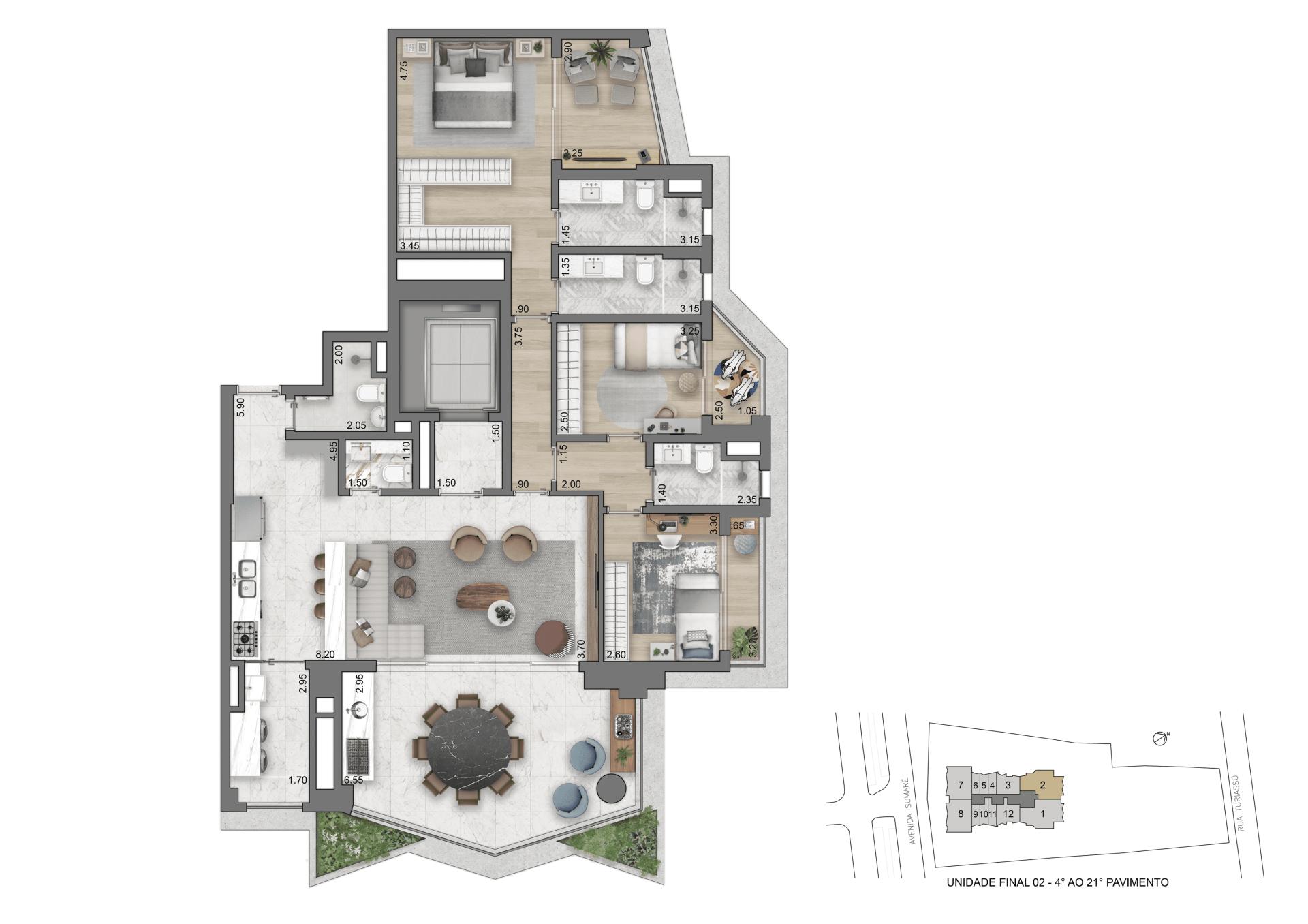 Planta Opção 161 m² | 3 Suítes