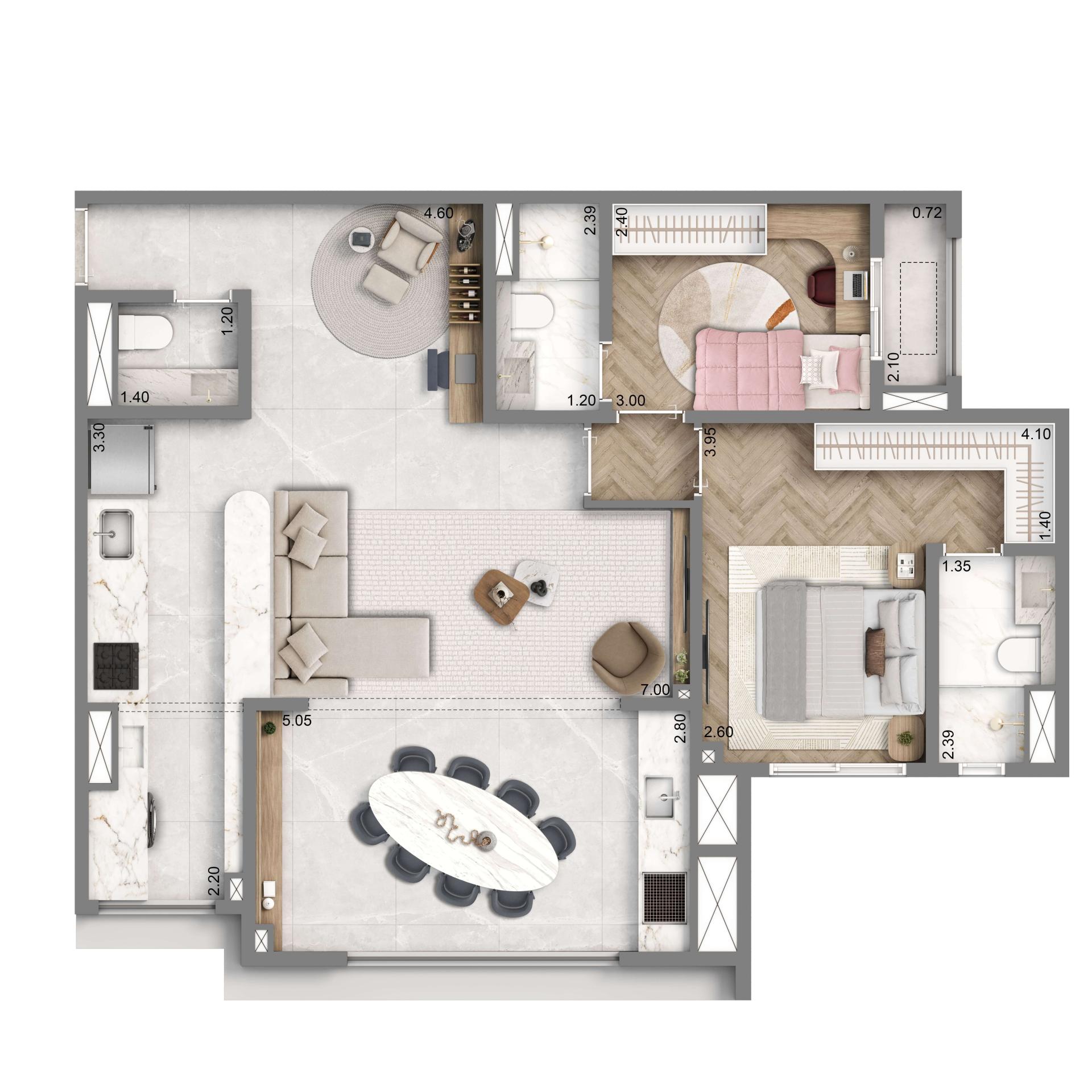 Planta Opção 88m² | Finais 1A e 2A | 2 Suítes | 1 Vaga