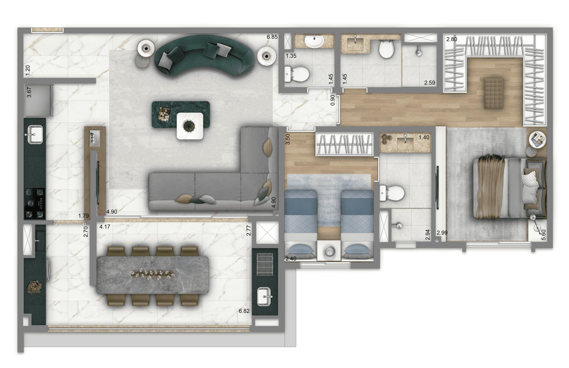Planta Opção 100 m² | 2 dorms | 2 suítes