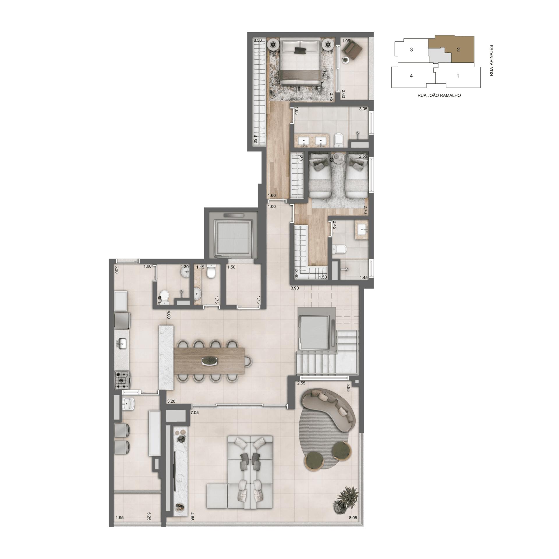 Planta Duplex 306 m² I 03  Suítes I Pavimento Inferior