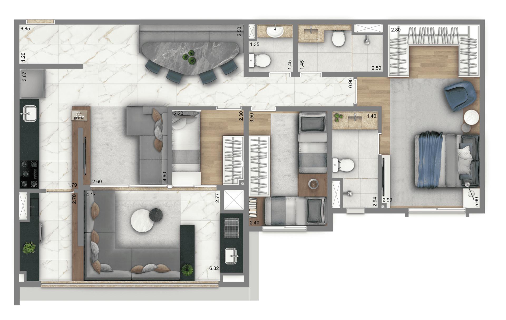 Planta Tipo 100 m² | 3 Dorms | 1 Suíte
