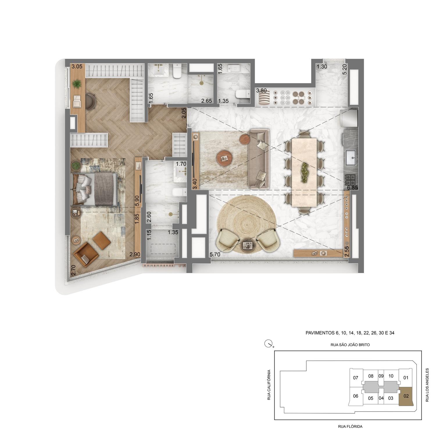 Planta Tipo 98m² - 1 suítes