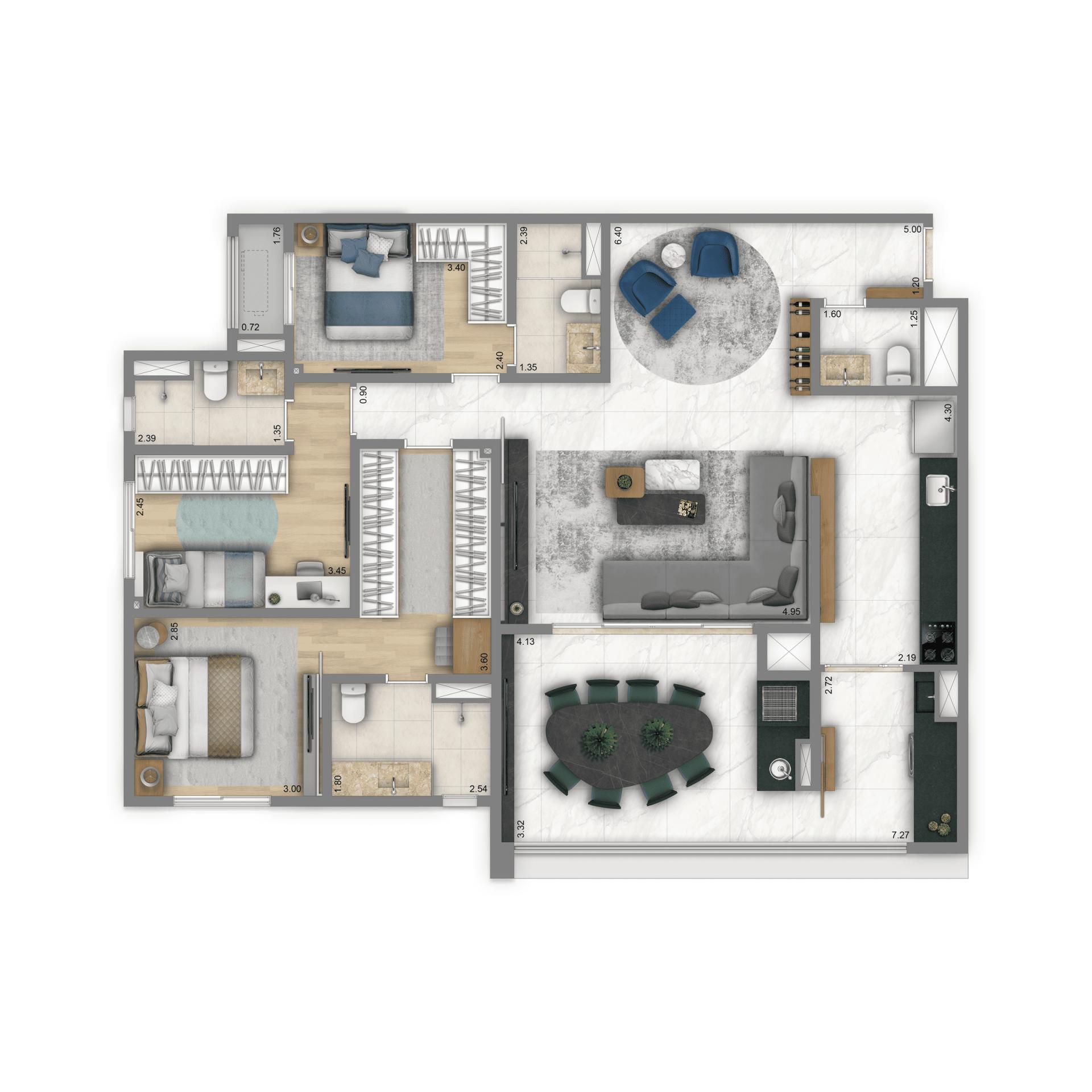 Planta Tipo 125m² | 3 suítes