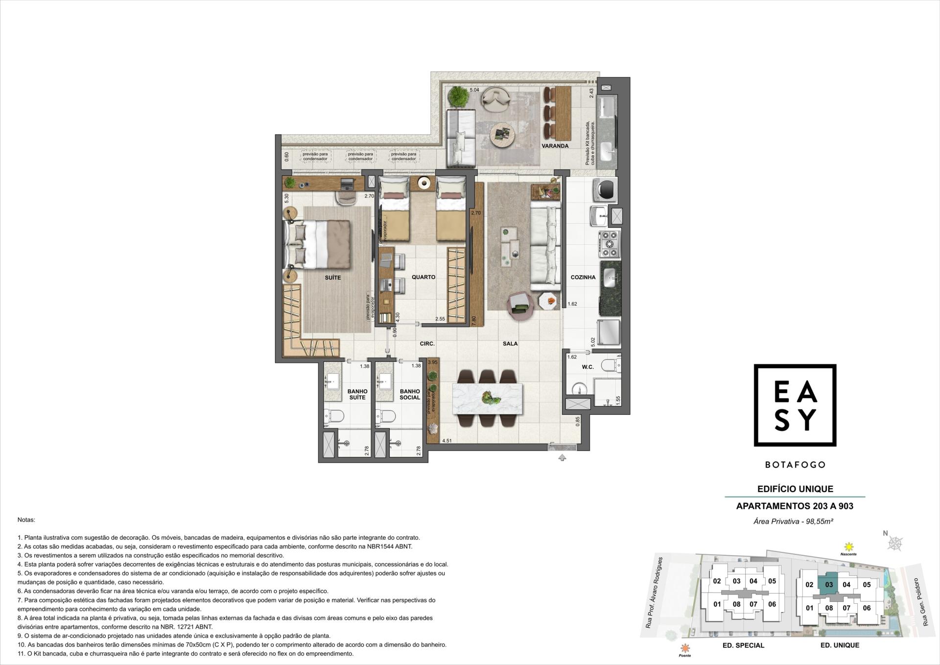 Planta dos apartamentos 203 a 903 do Edifício Unique