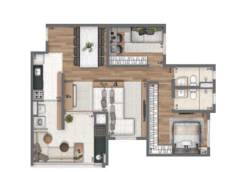 Planta Opção 84m² | 2 Dorms. | 1 suíte