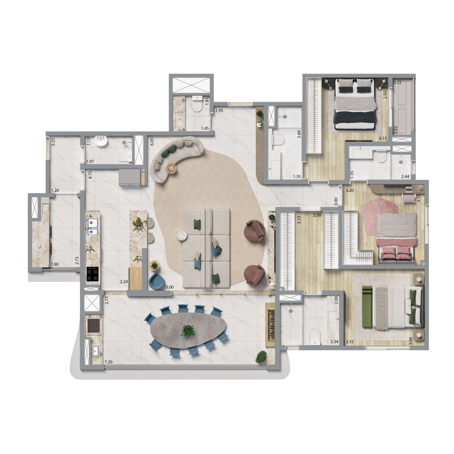 Planta Padrão 144m² | 3 suítes