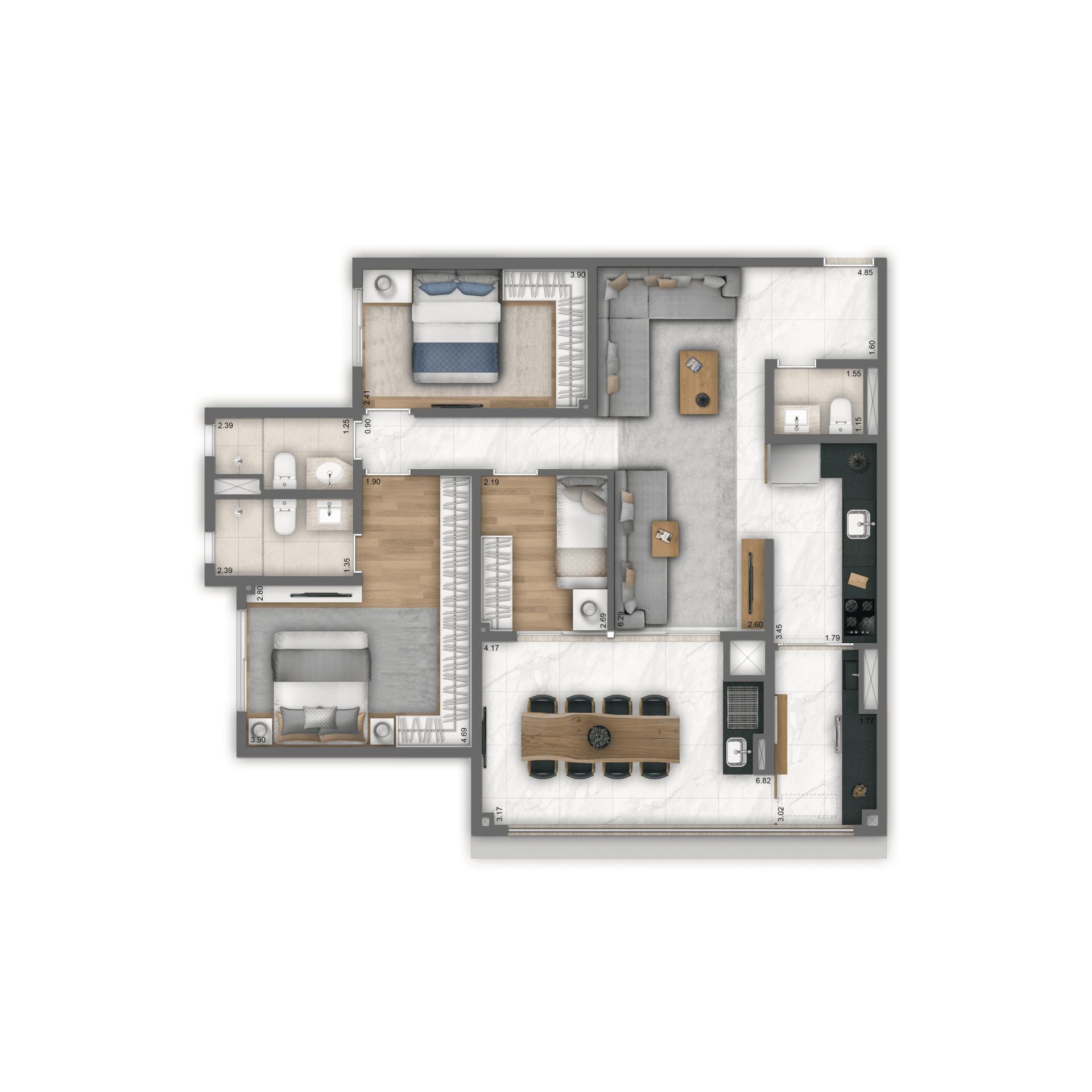 Planta Tipo 100  m² | 3 dorms. | 1 suíte