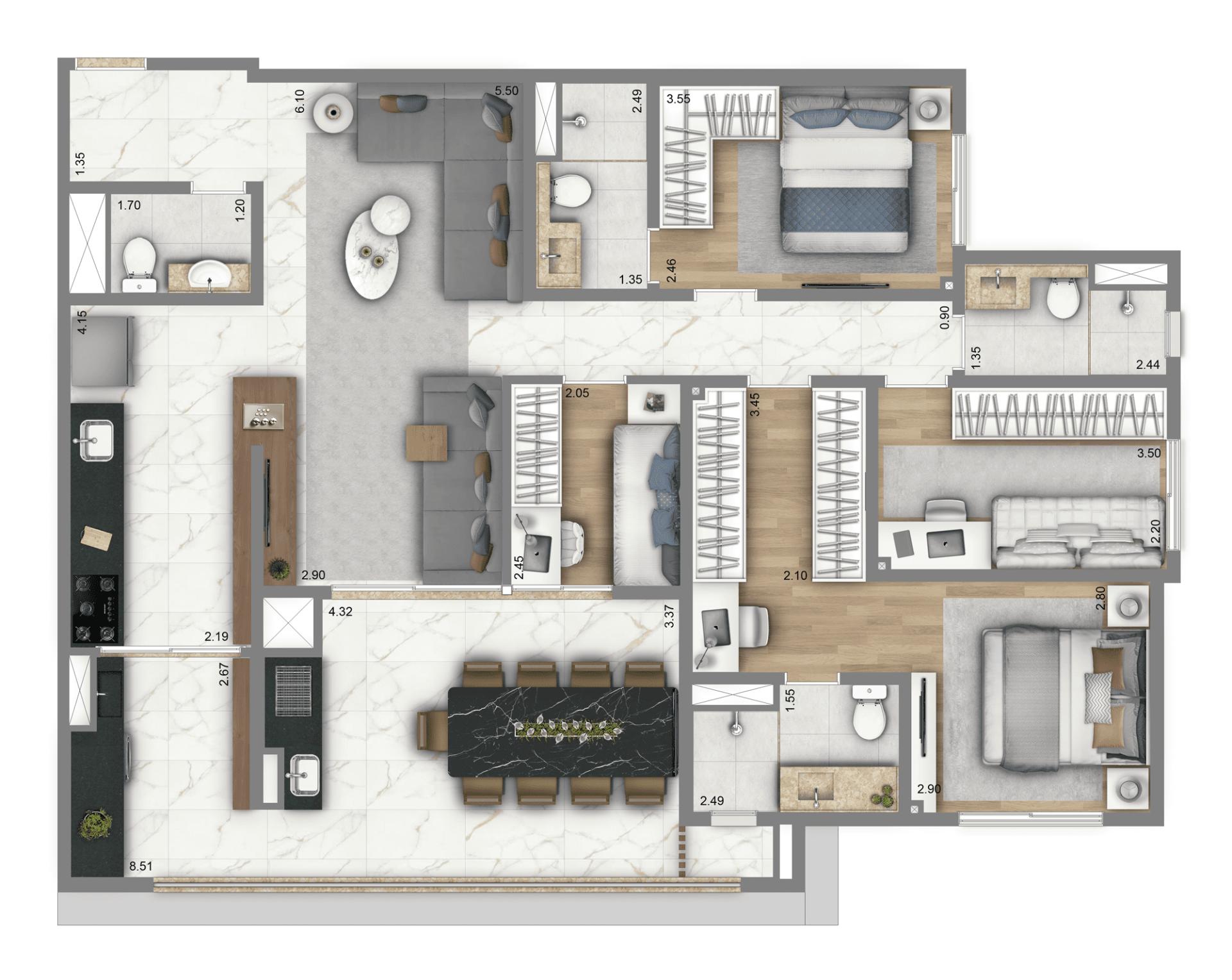 Planta Opção 122 m² | 4 Dorms | 2 suítes