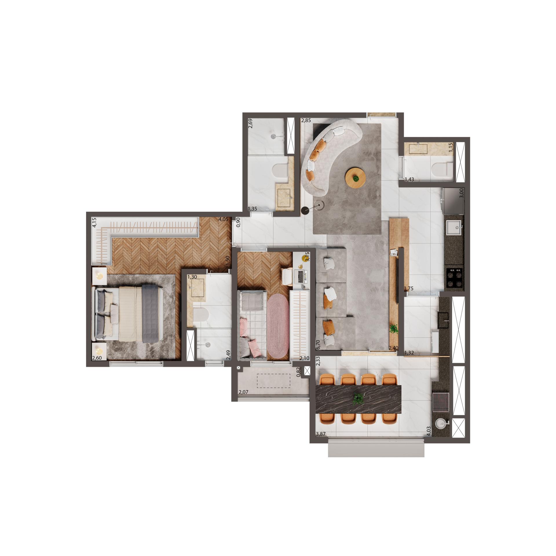 Planta Tipo Padrão 75M² | 2 dorms. | 1 suíte