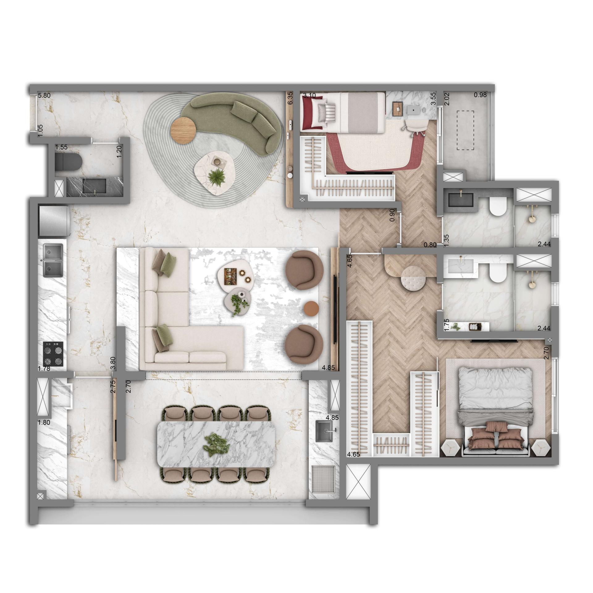 Planta Padrão 104m² | 2 suítes | Cozinha Integrada | 2 vagas