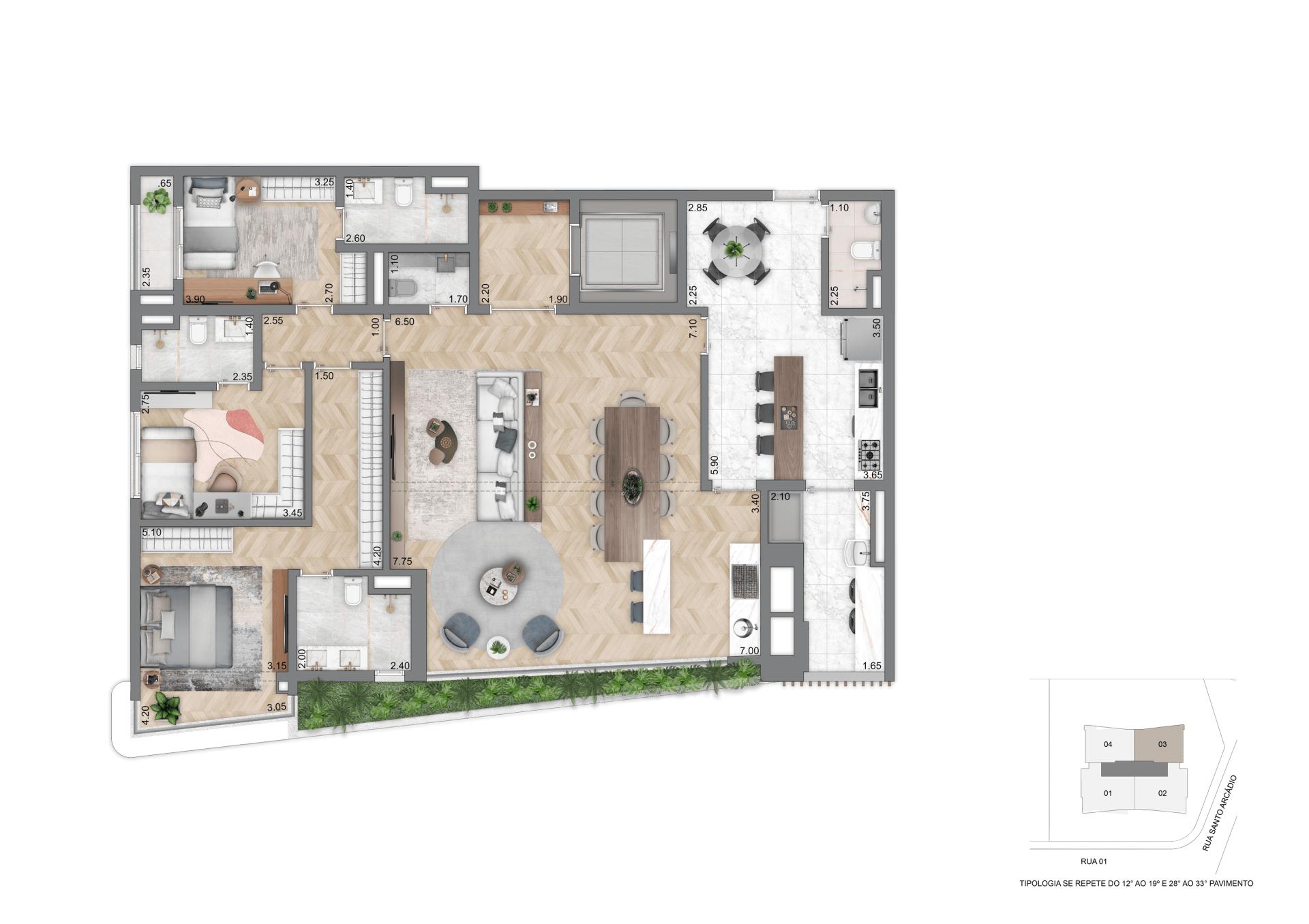 Planta Opção I - 169 m² | 3 Suítes