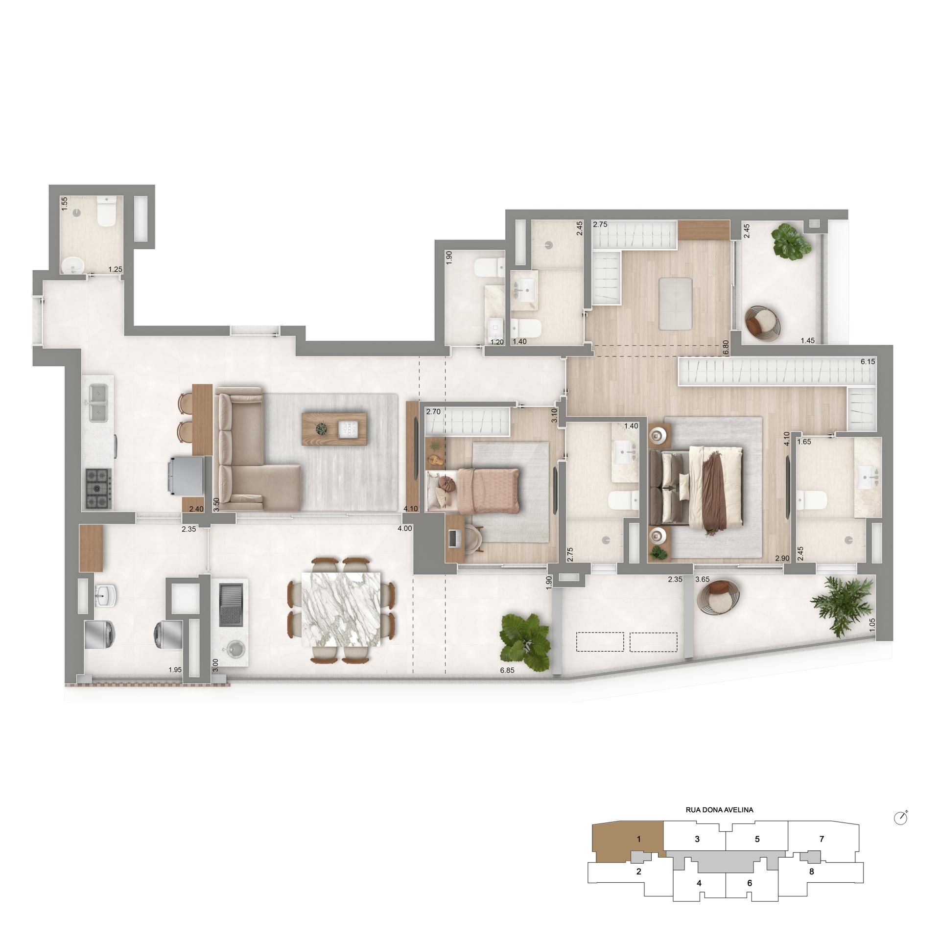 Planta Opção 2 Suítes + Cozinha Aberta  | 129m²