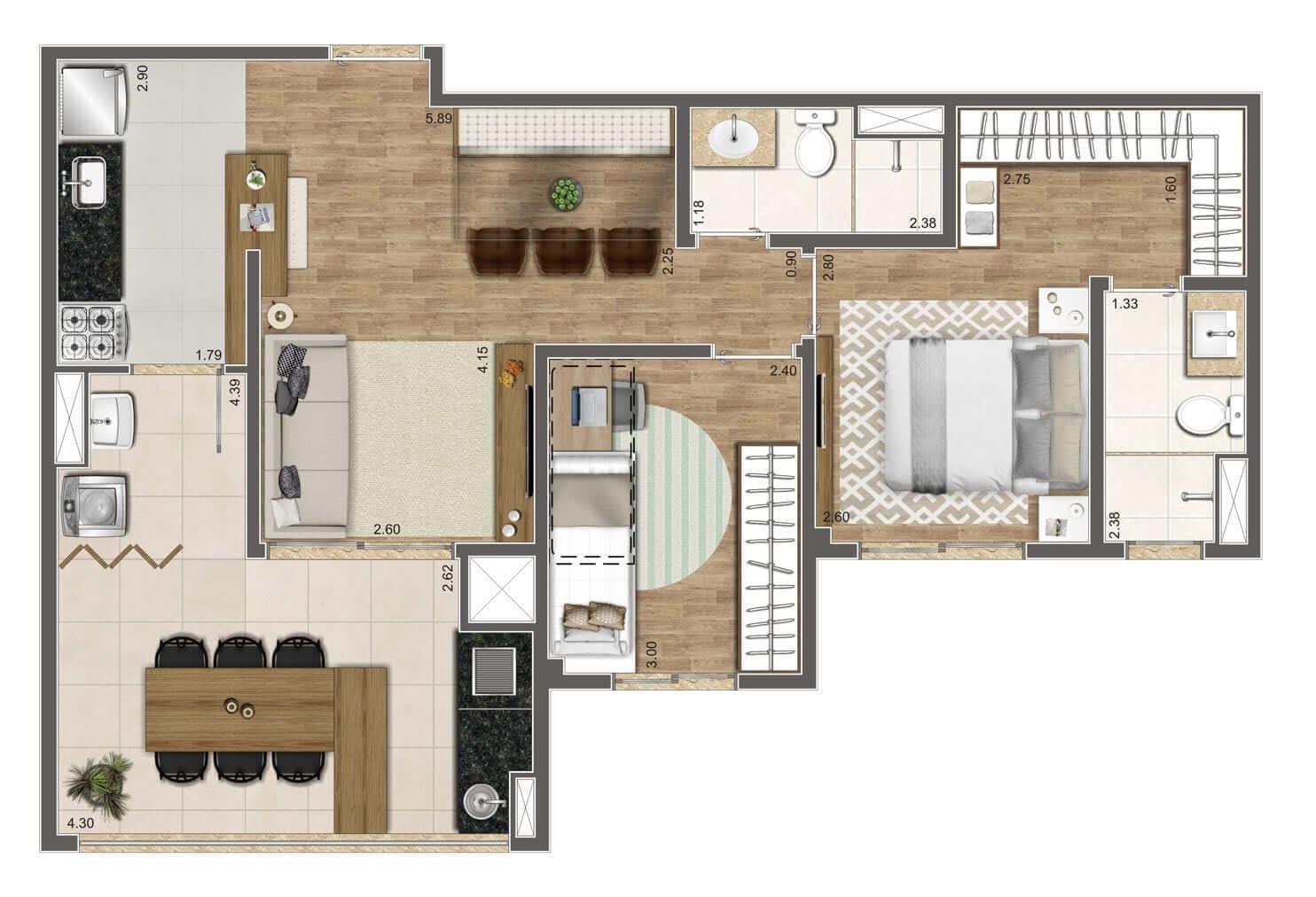 Planta Tipo 68 m² | 2 dorms. |1 suíte