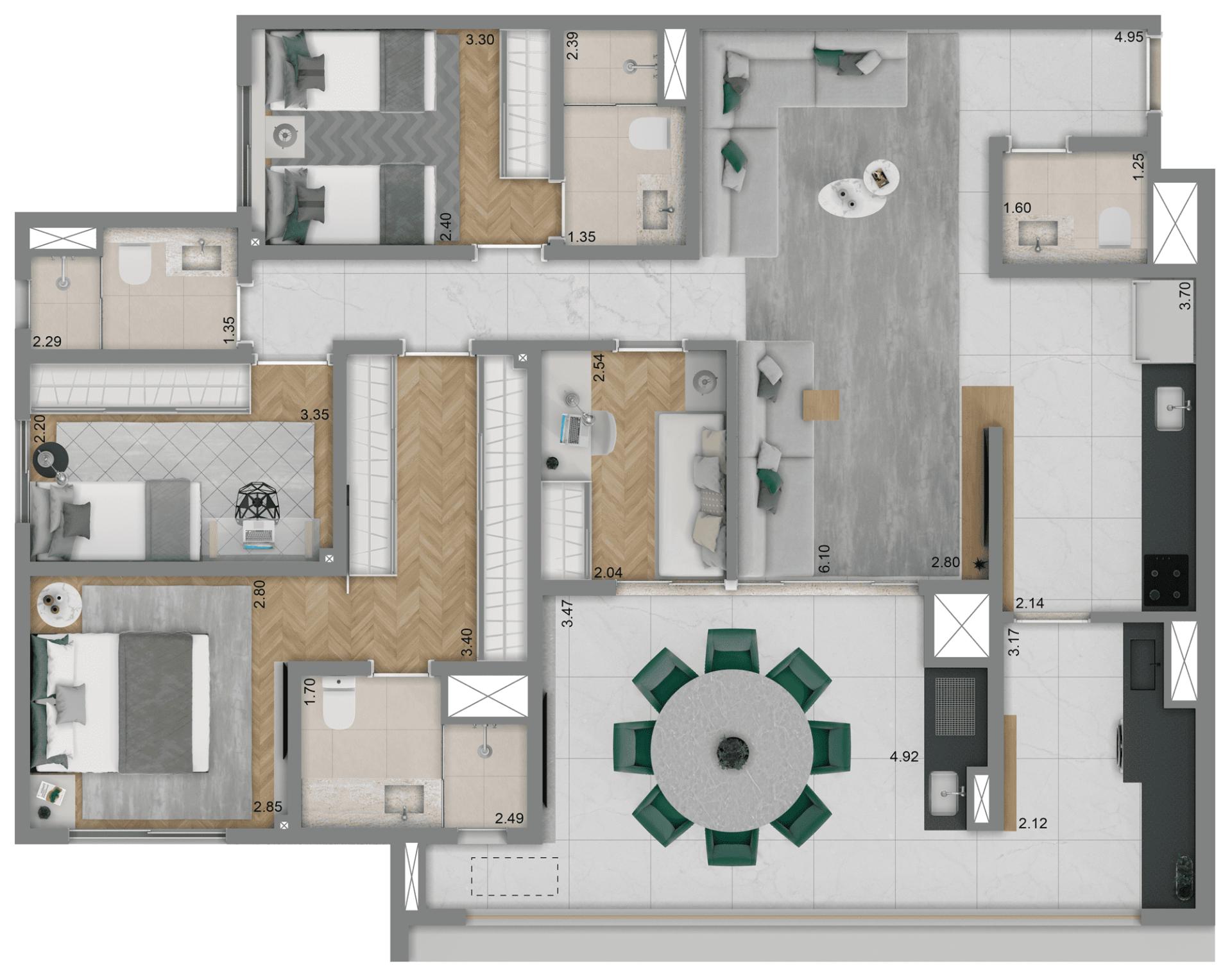 Planta-opção 119 m² | 4 dorms. (2 suítes)