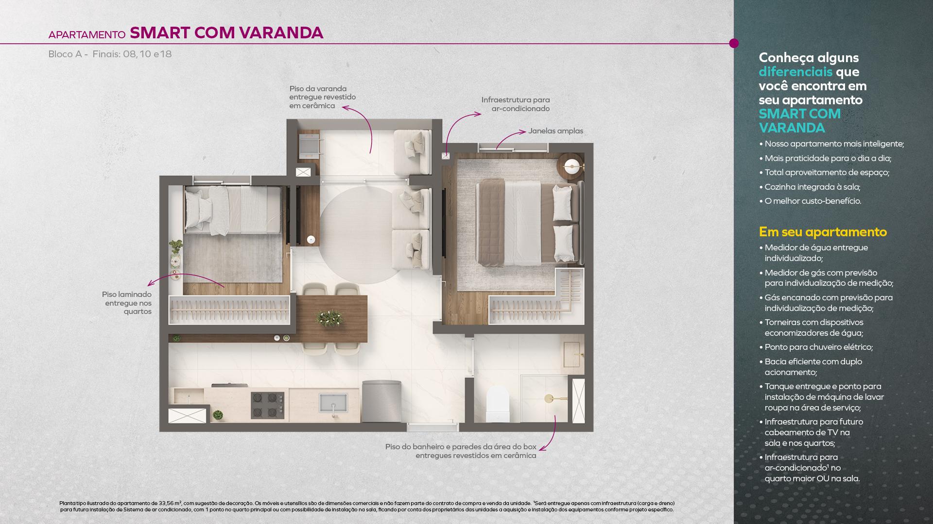 APARTAMENTO SMART COM VARANDA - BLOCO A (FINAIS 08, 10 e 18)