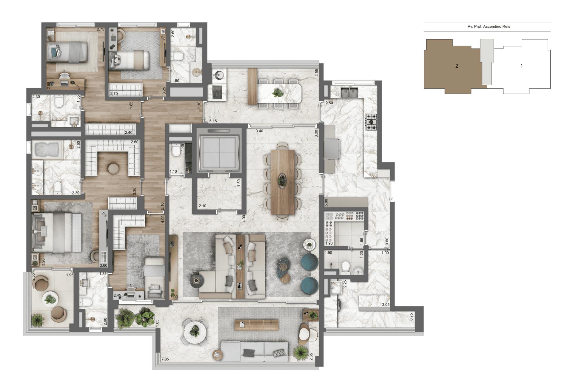 Planra-tipo 230 m² | 4 suítes