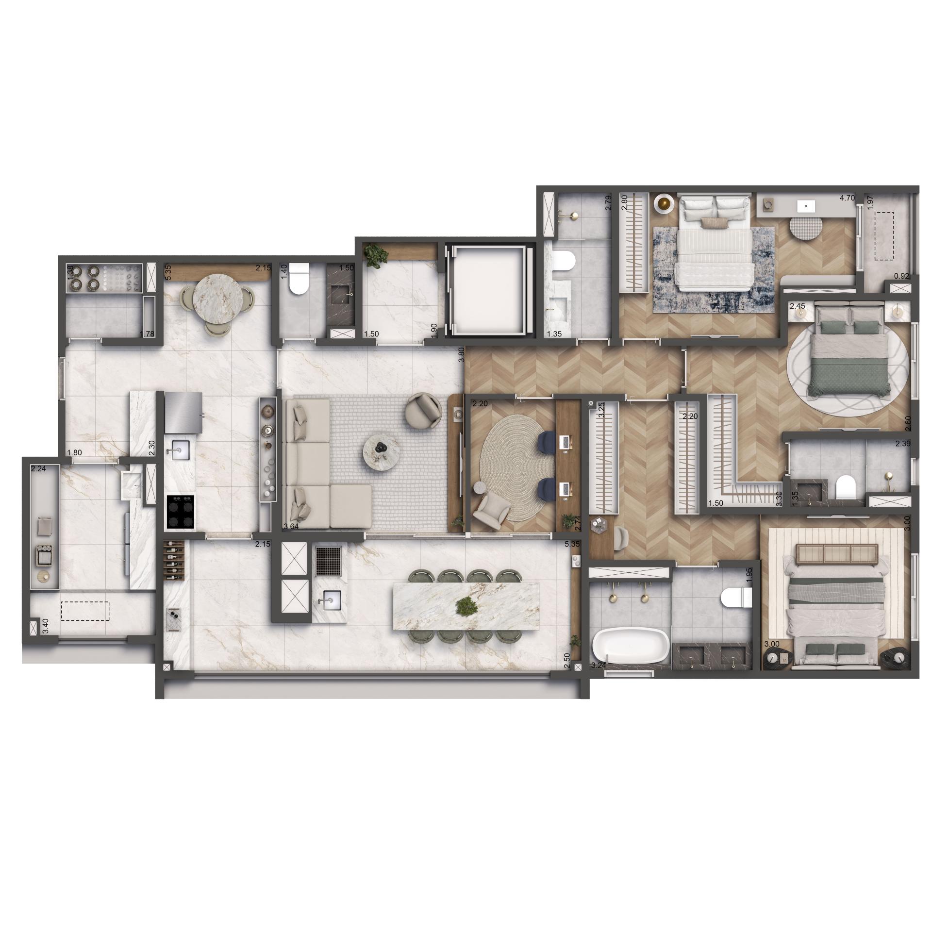 Planta Opção 149m² | 3 suítes | Cozinha Integrada e Despensa | 2 vagas