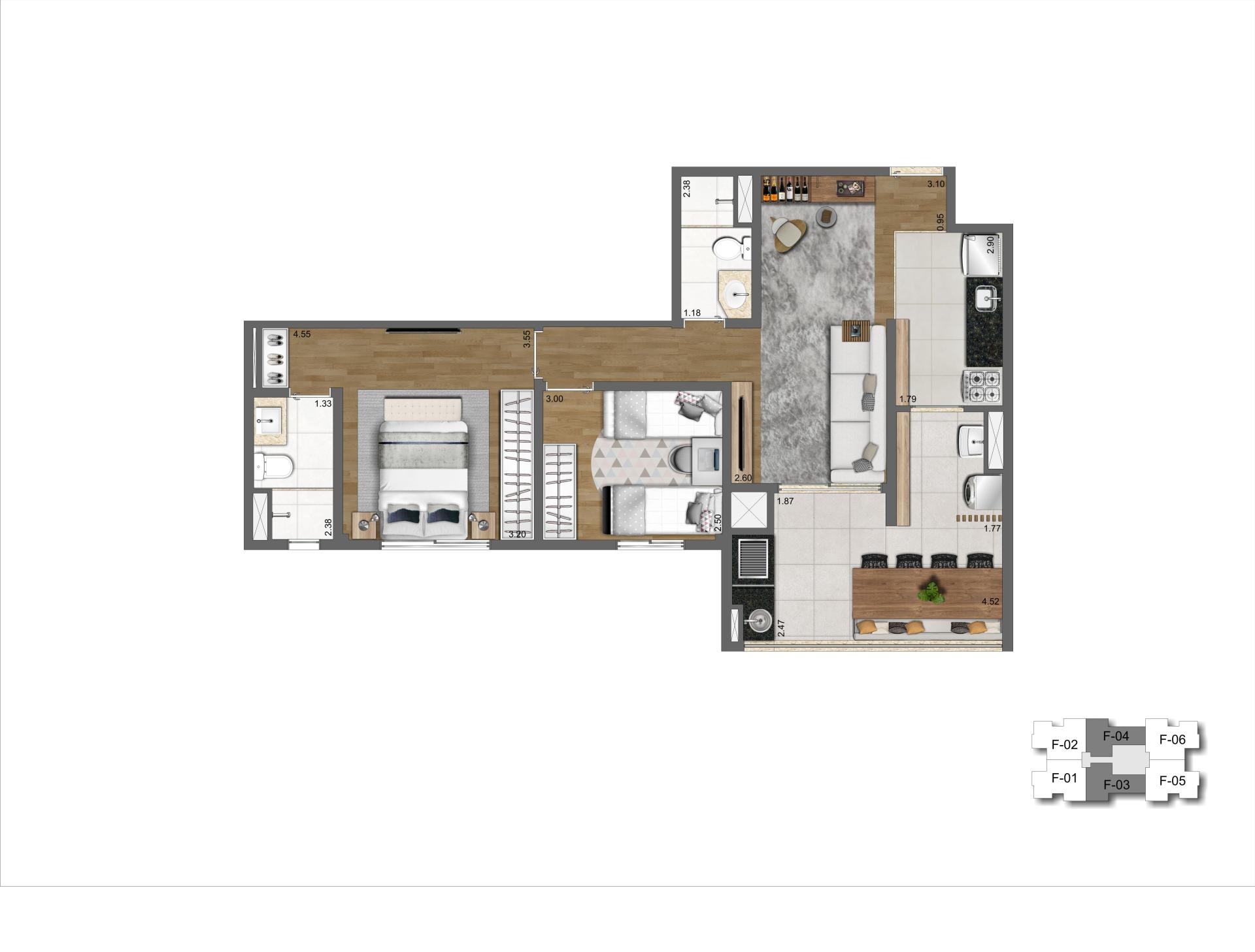 Planta 69 m² | 2 dorms | 1 suíte