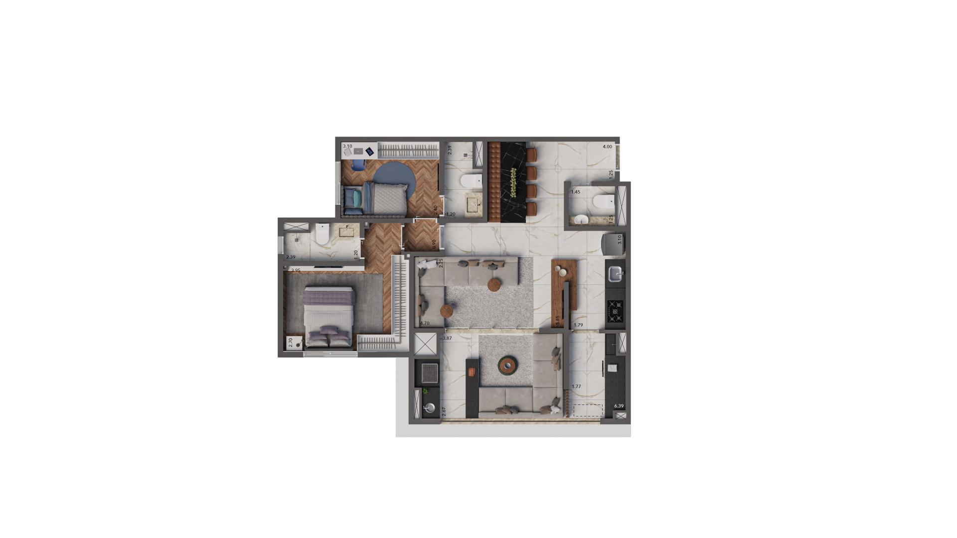 Planta Opção 83 m² | 2 suítes | Sala ampliada