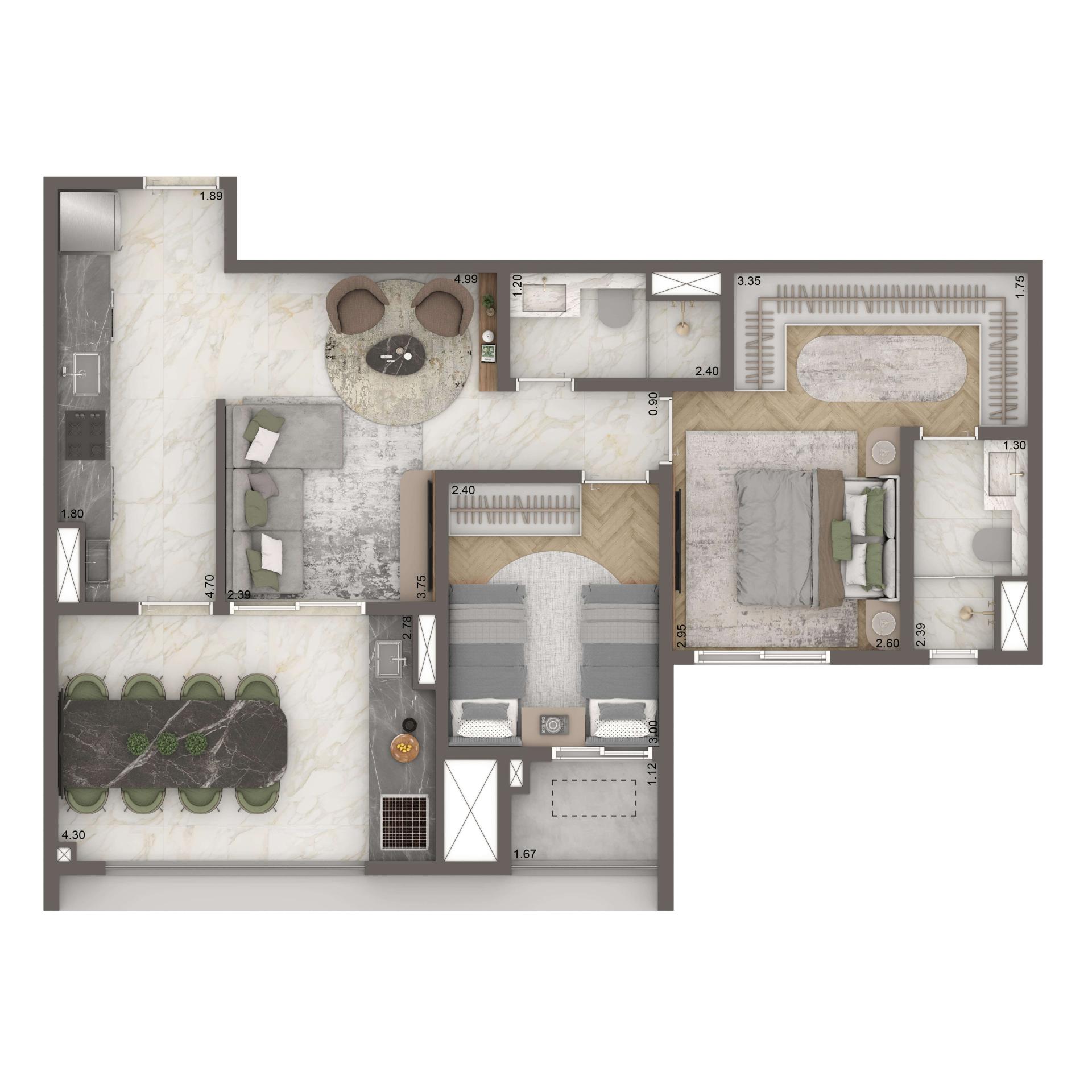 Planta Padrão 69m² | 2 dorms. | 1 suíte | 1 vaga