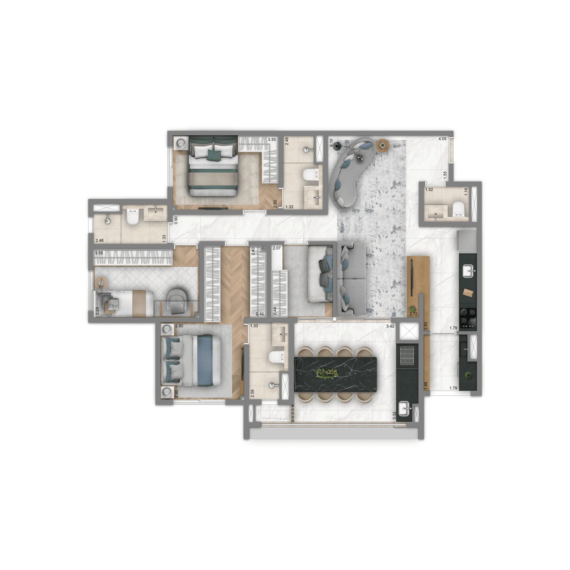 Planta Opção 108 m² | 4 dorms. | 2 suítes