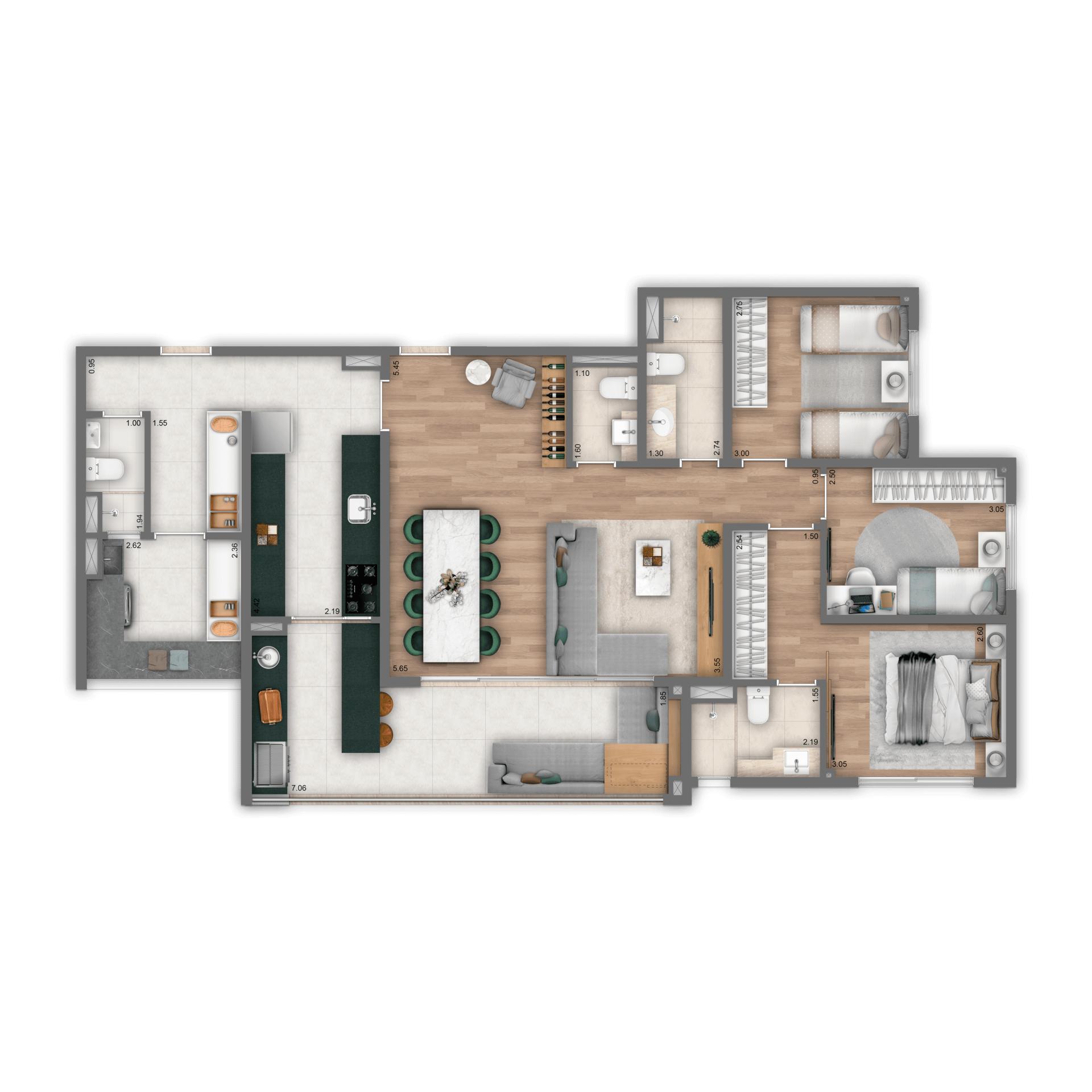 Planta Opção 116 m² | 3 dorms. | 1 suíte