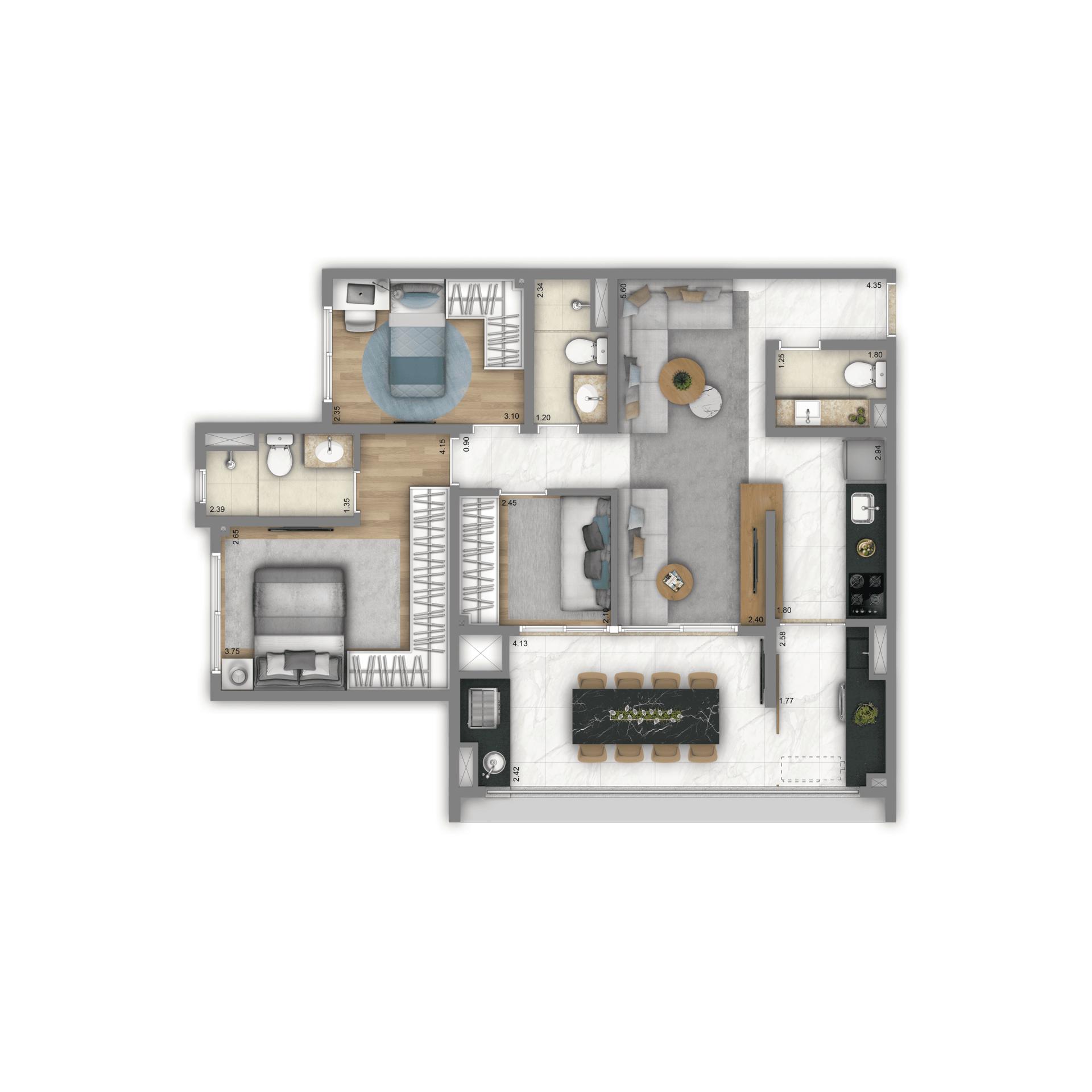 Planta Tipo 82m² | 3 dorms. | 1 suíte