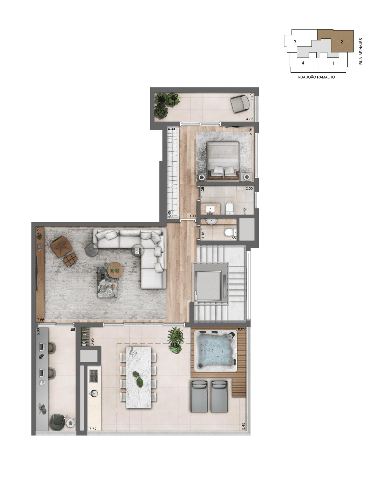 Planta Duplex 306 m² I 03 Suítes I Pavimento Superior