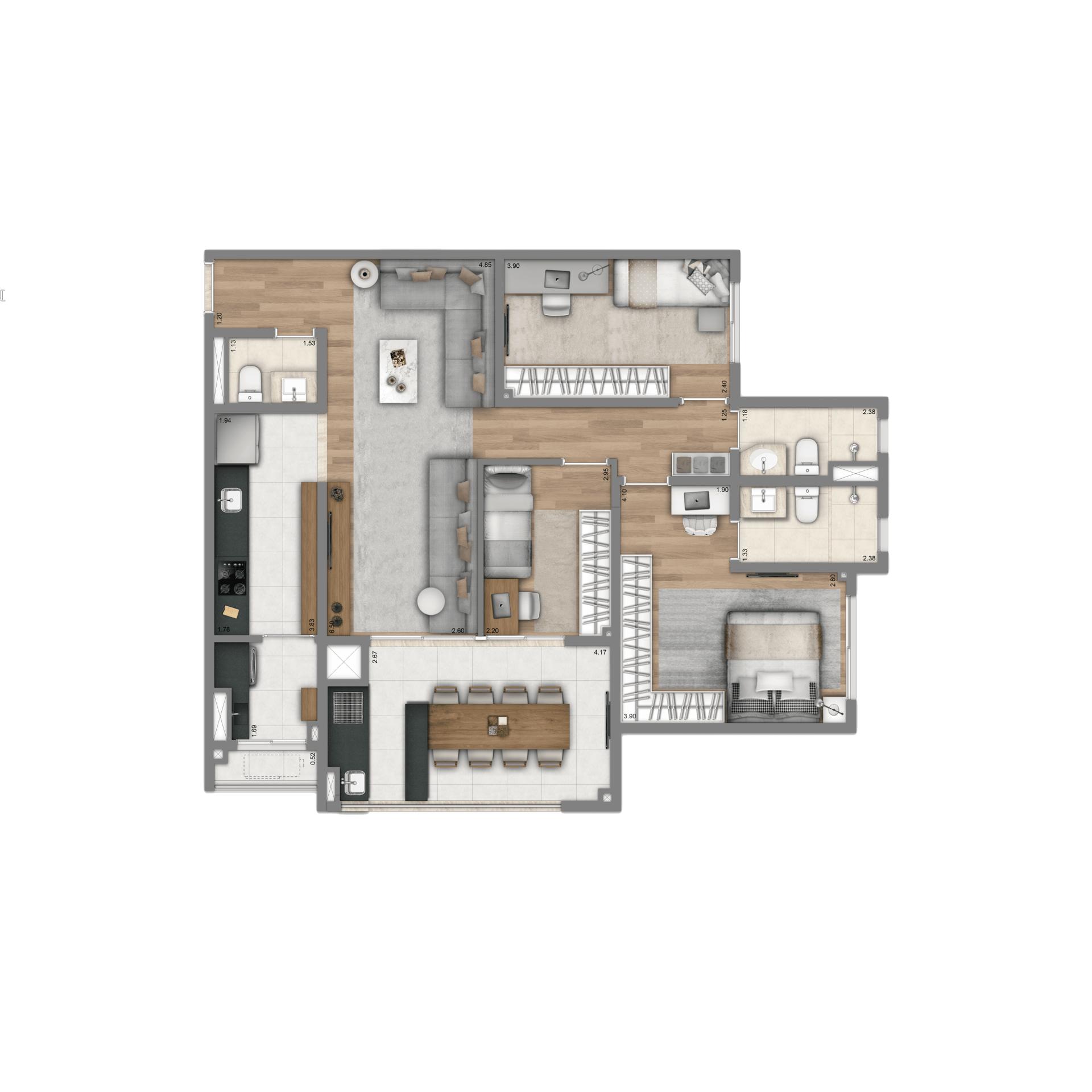Planta-tipo 96 m² | 3 dorms. (1 suíte)