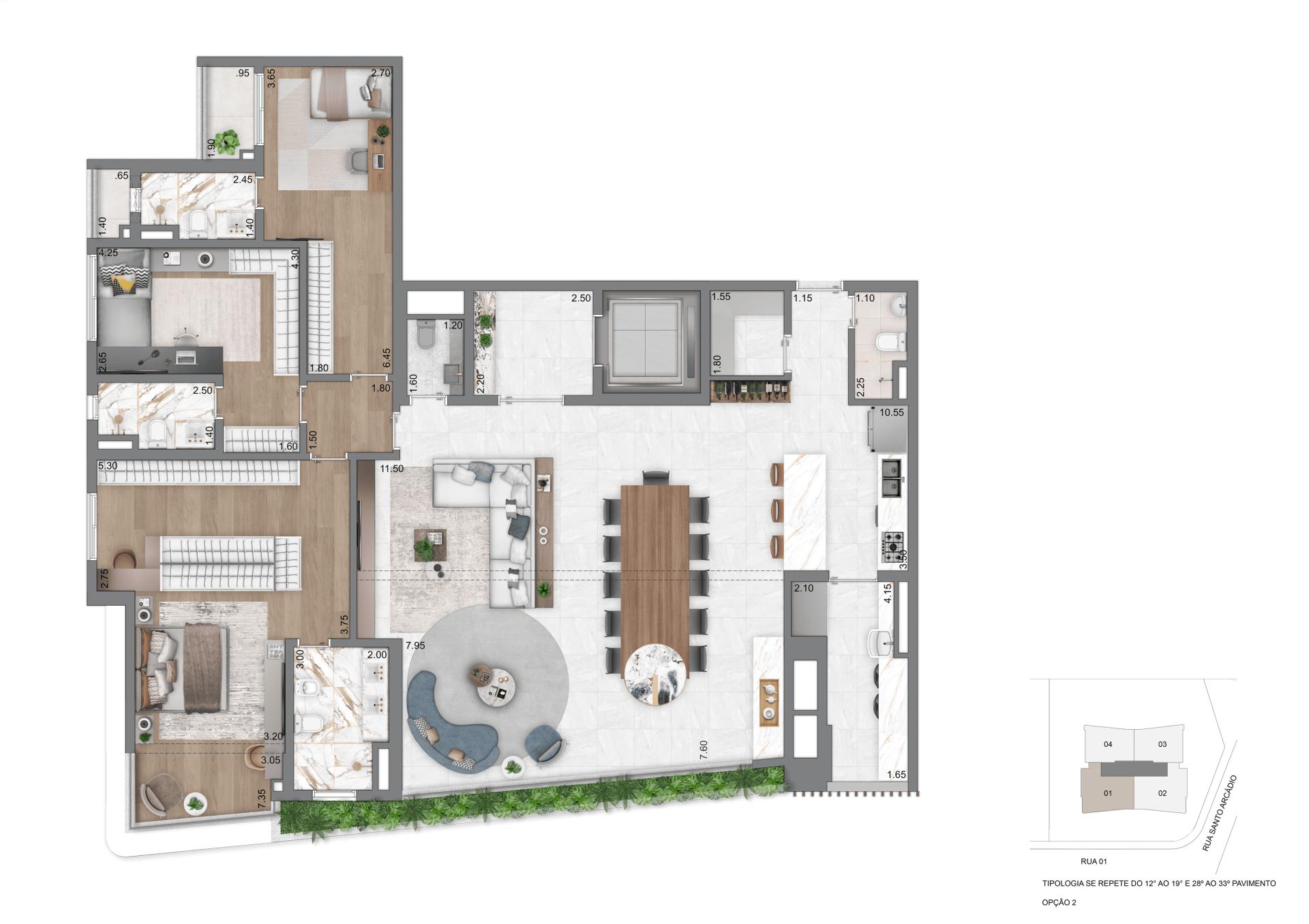 Planta Opção II - 208 m² | 3 Suítes