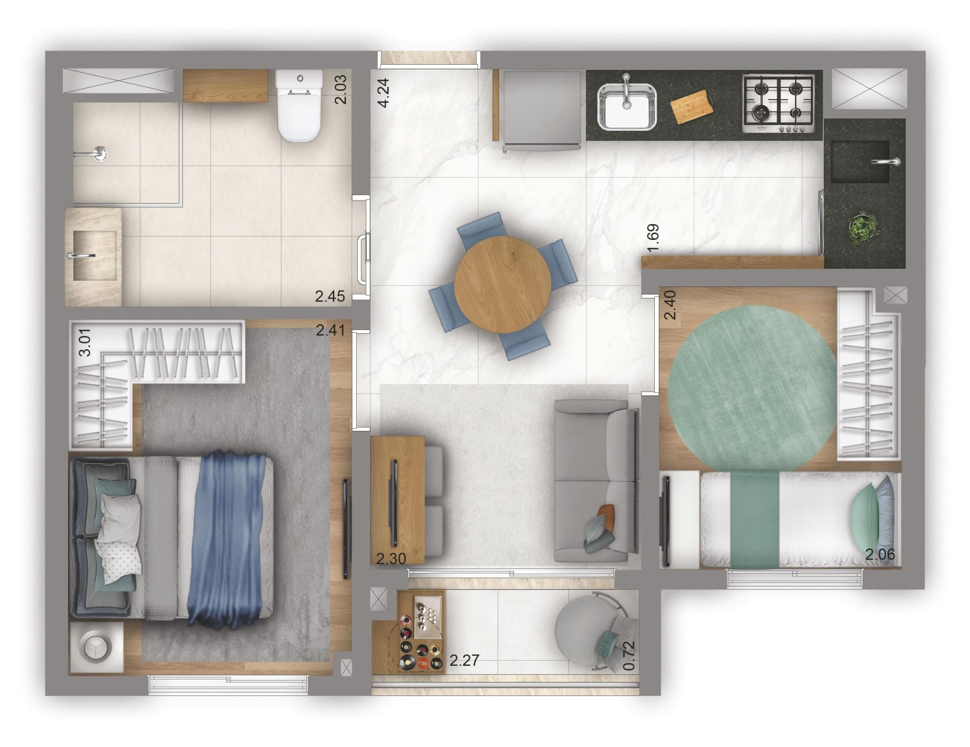 Planta Tipo 37m² | 2 dorms. | Hospedagem