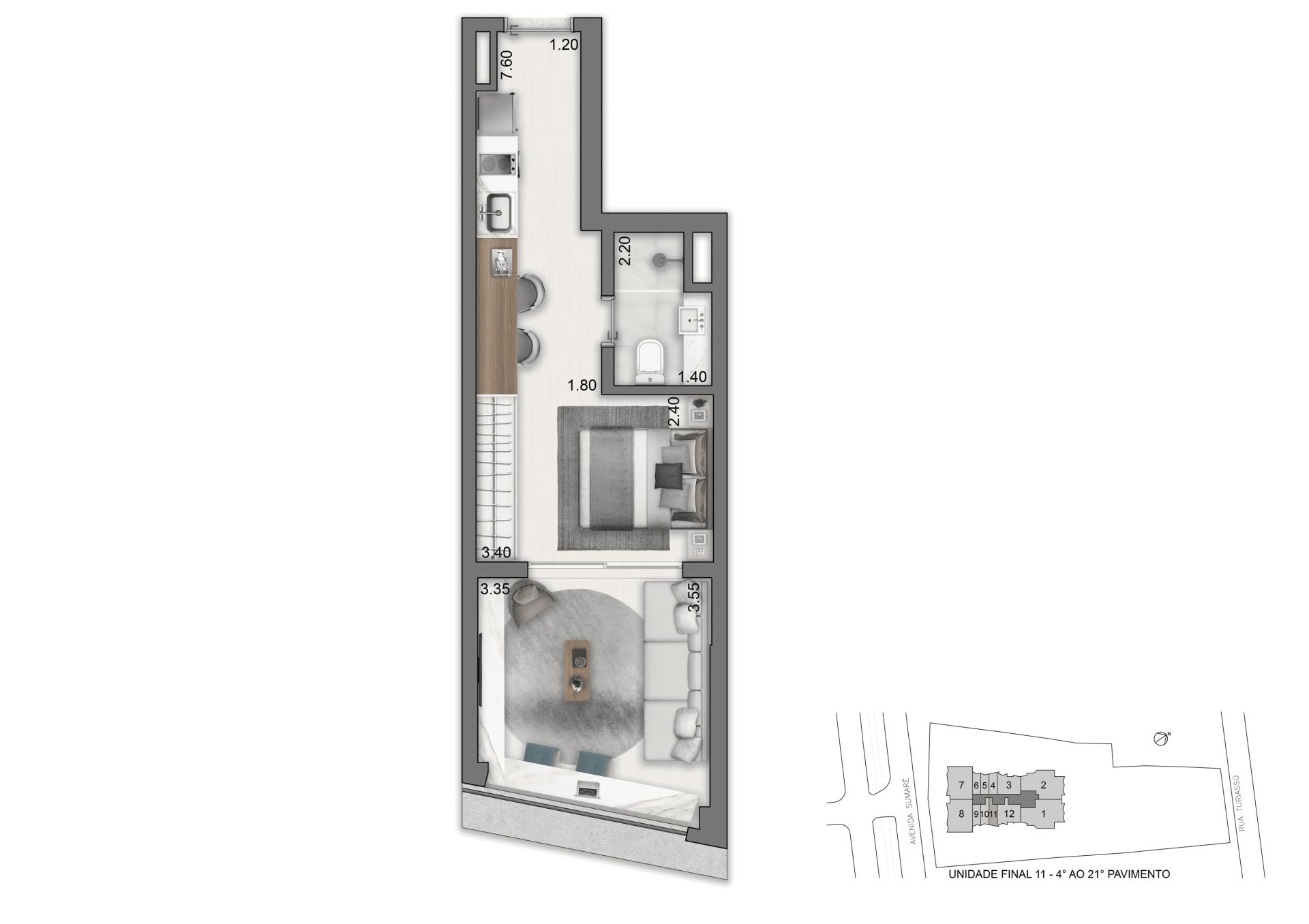 Planta-tipo 36 m² | Studio