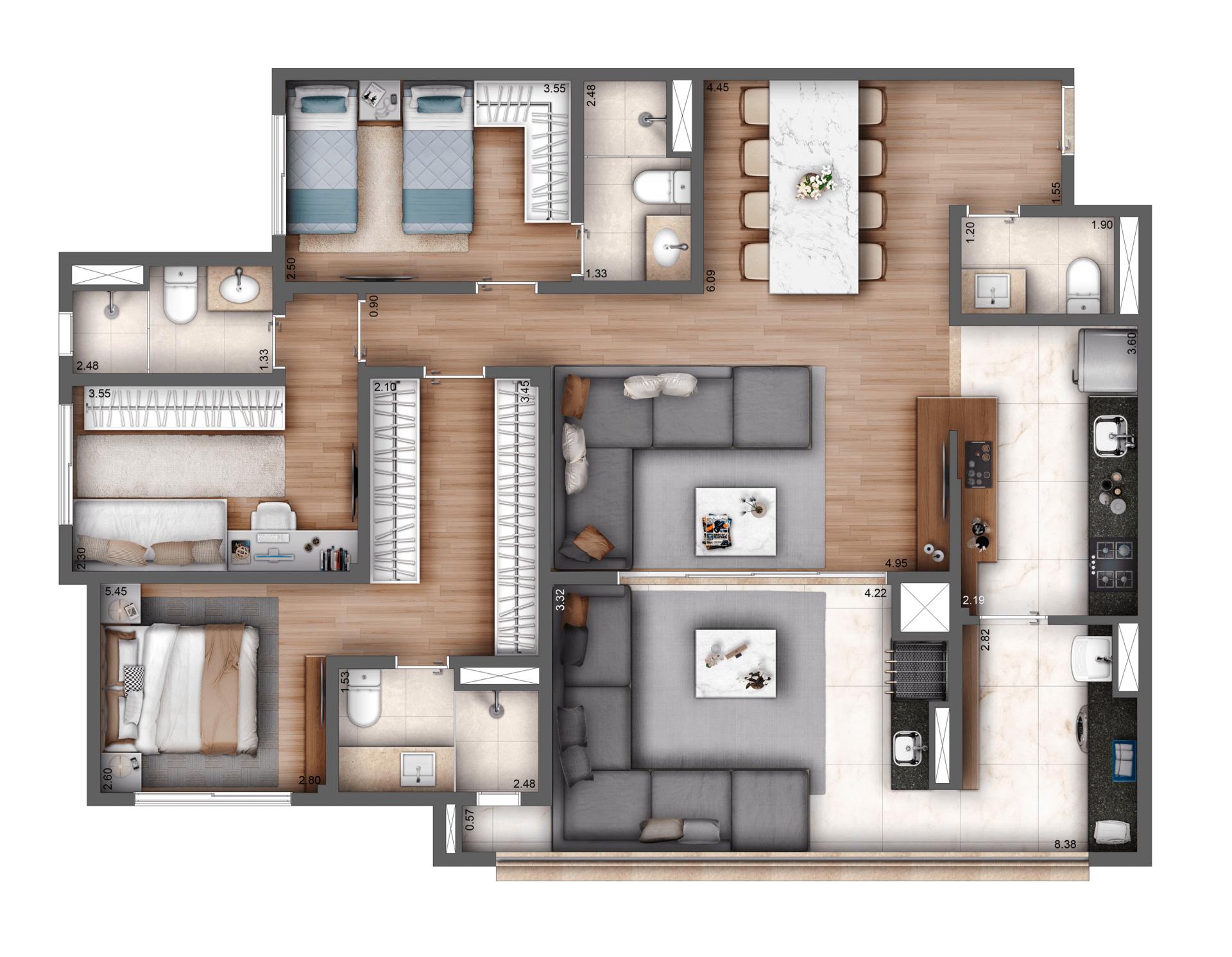 Planta Tipo 119 m² | 3 Suítes