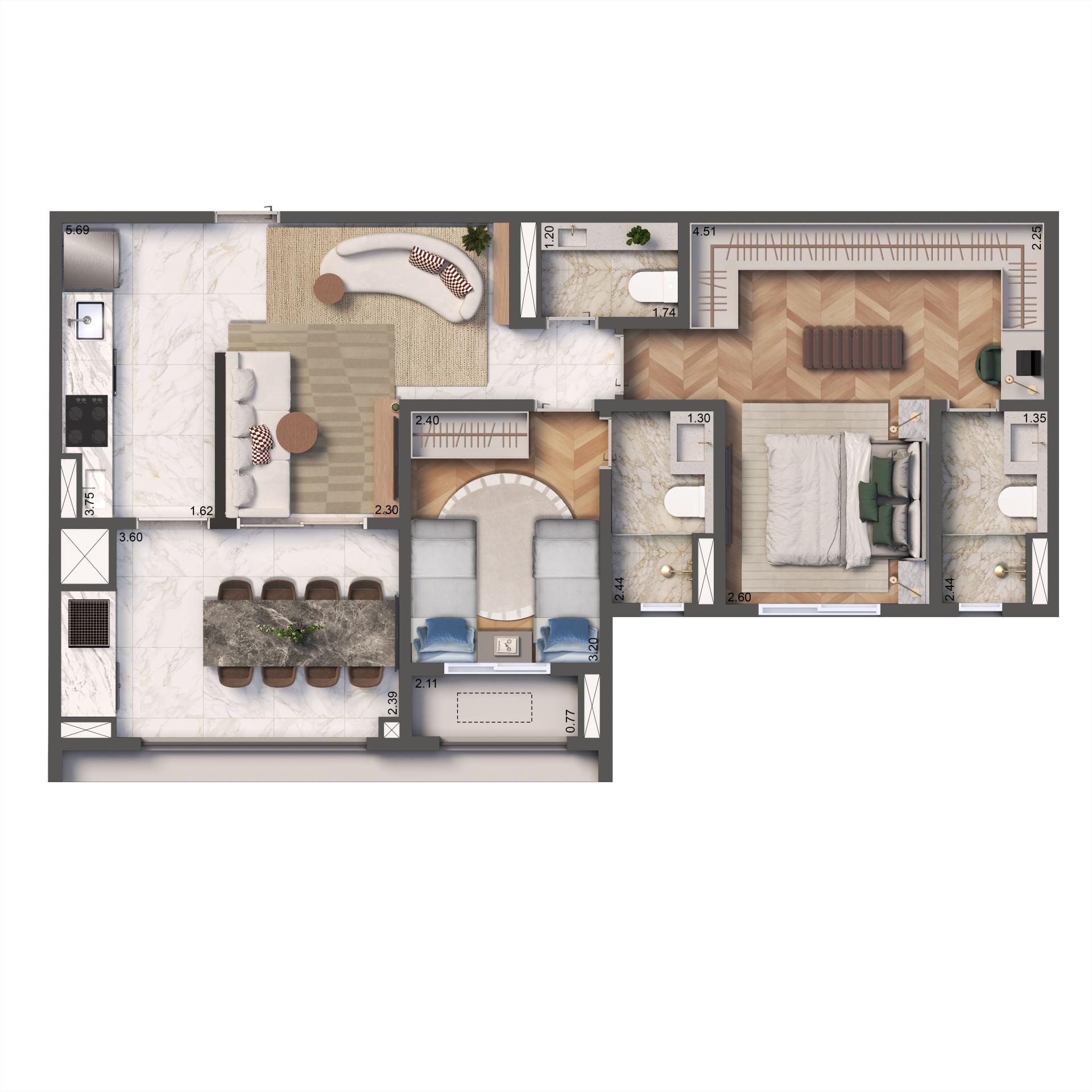 Planta Padrão 76m² | 2 suítes | 1 vaga