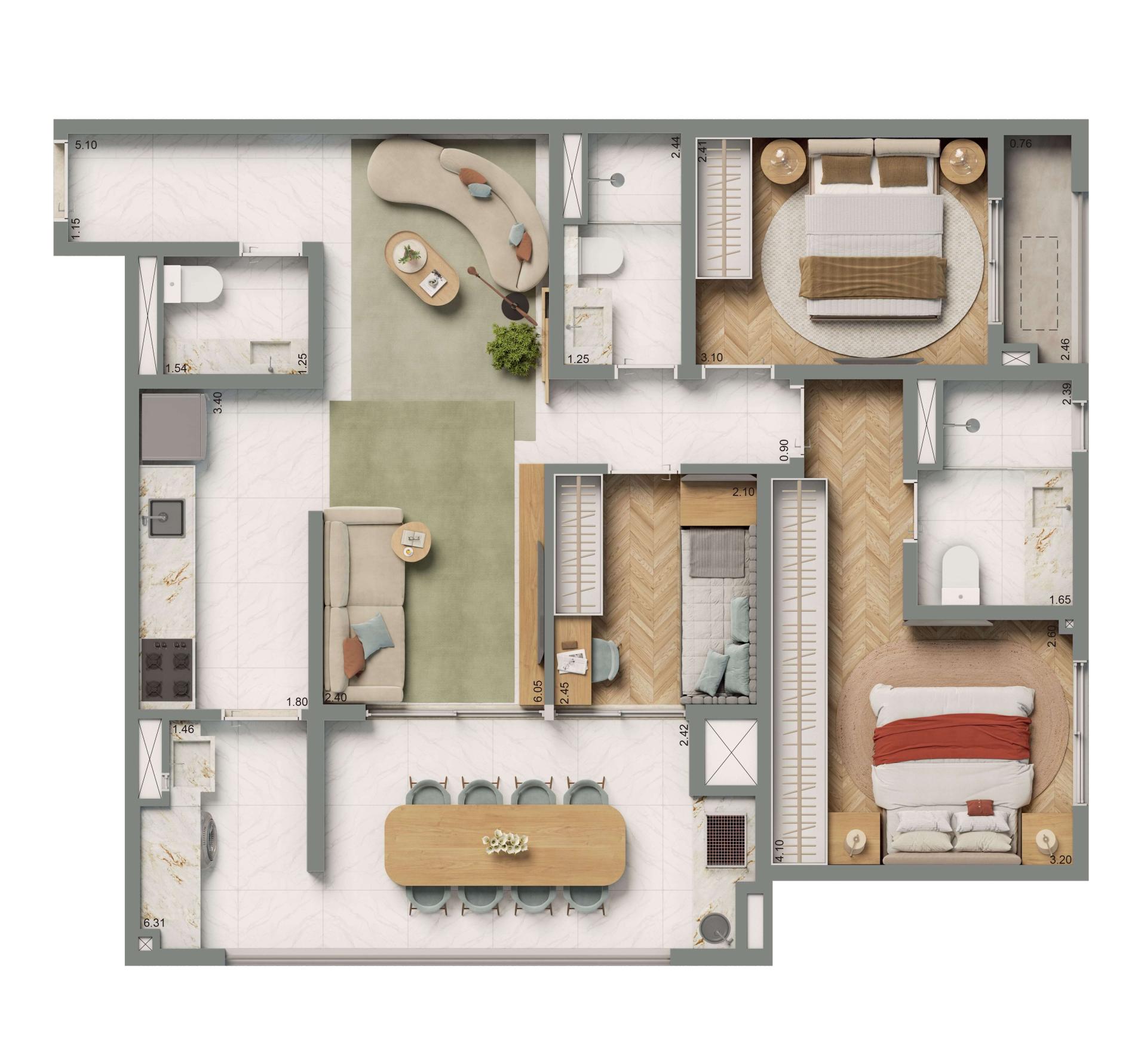Planta Opção 87m² | 3 dorms. | 1 suíte