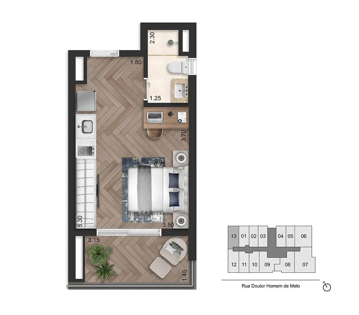 Planta-tipo 29 m² | Studio