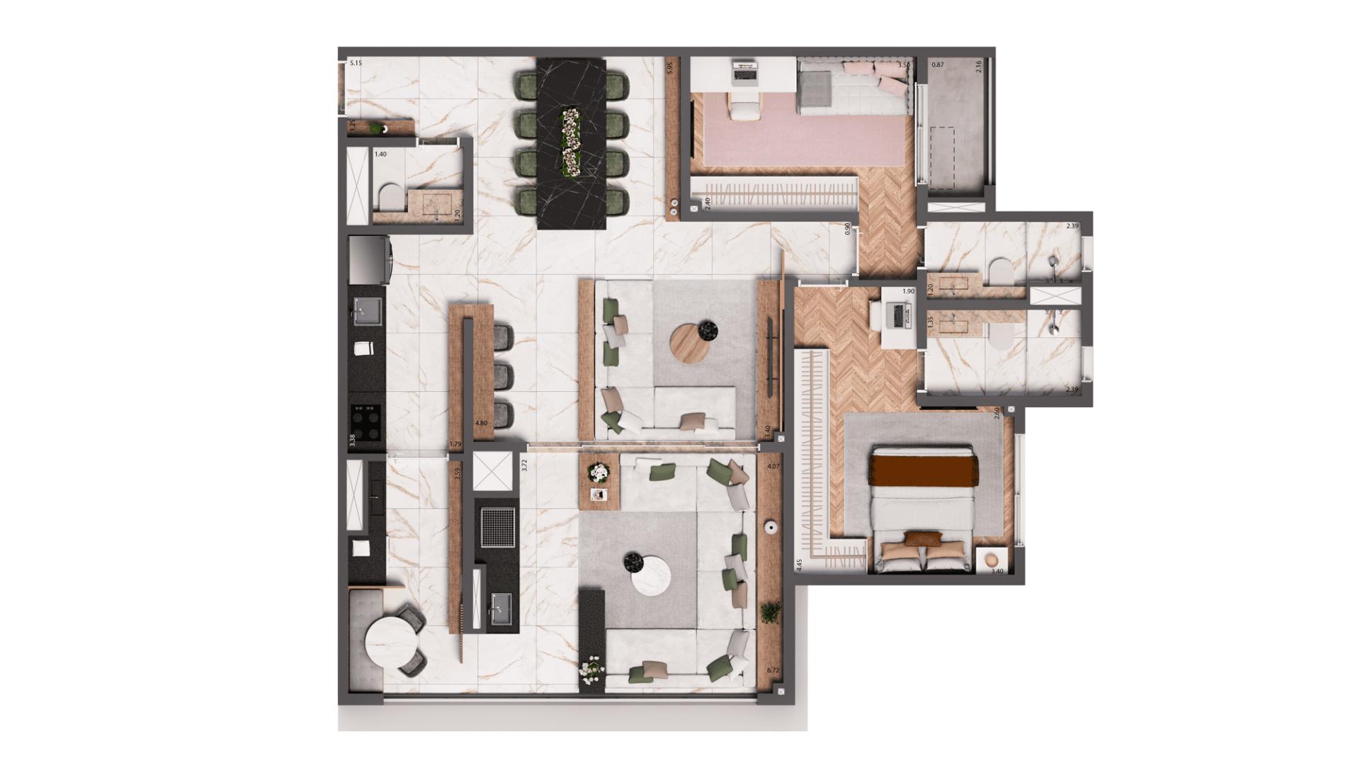 Planta Opção 100 m² | 2 suítes