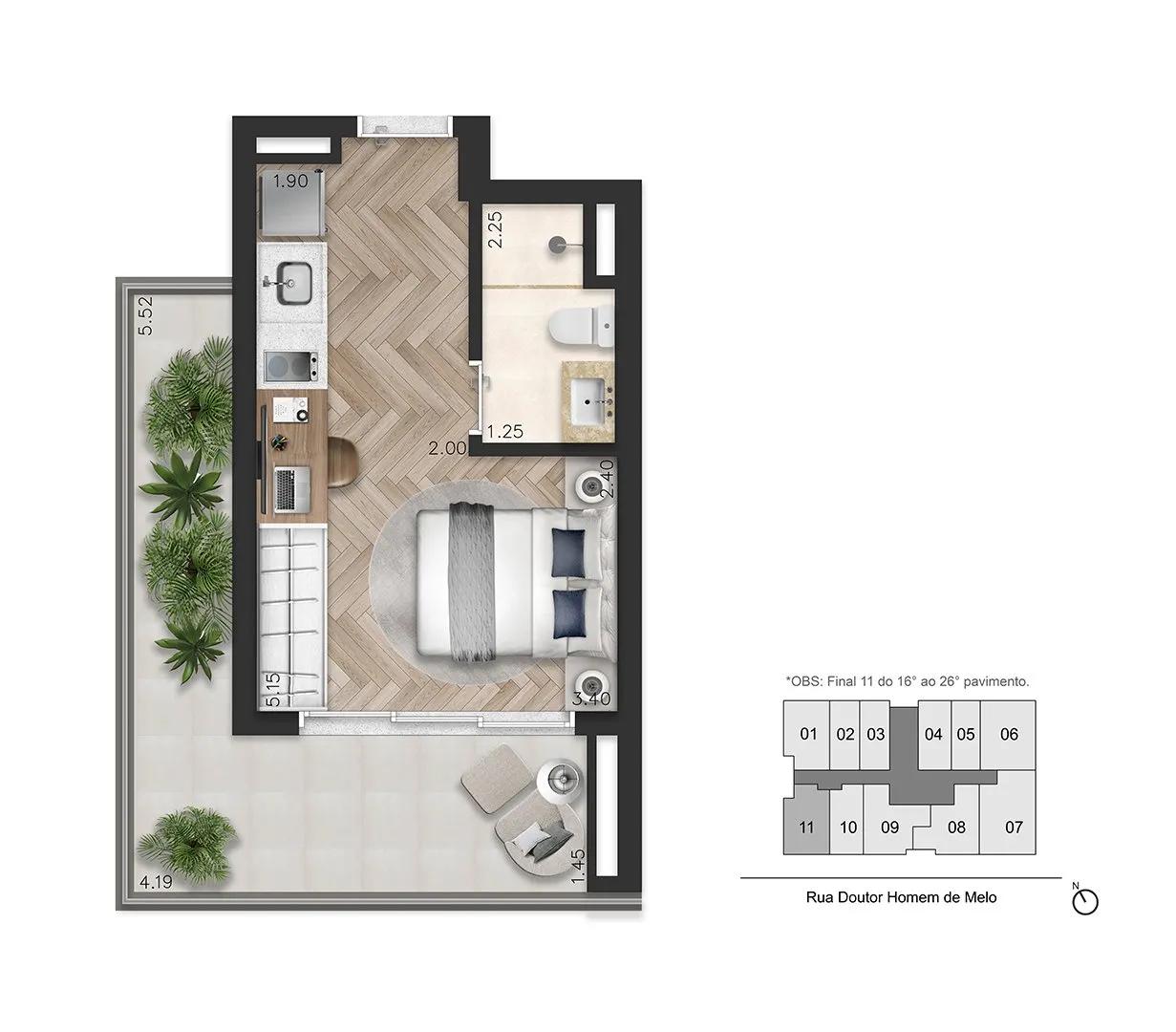 Planta-tipo 33 m² | Studio
