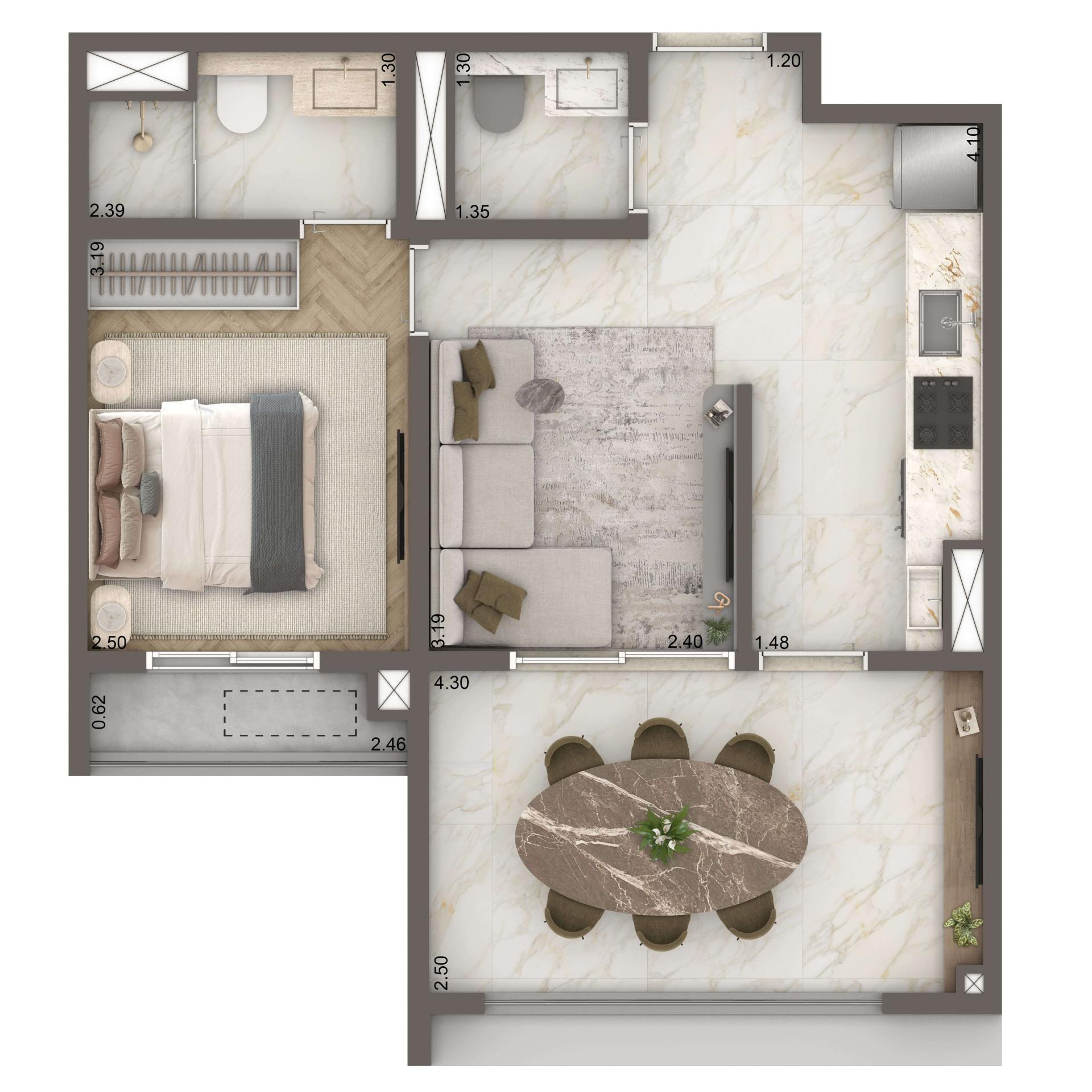 Planta Padrão 47m² | 1 suíte | 1 vaga