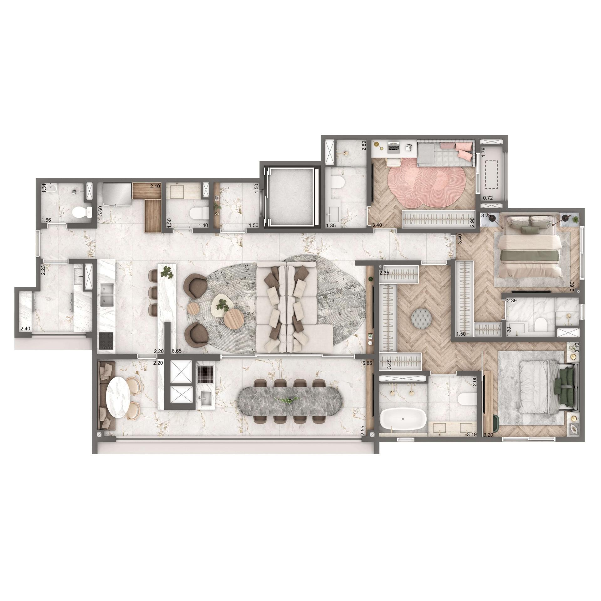 Planta Padrão 149m² | 3 suítes | Cozinha Integrada e WC de Serviço